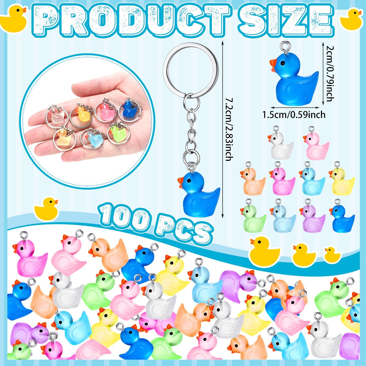 Ecation 100 Pcs Luminous Mini Duck Keychains Glow in the Dark Duck Resin Keychains 3D Tiny Key Chains Bulk Small Animal Pendant Accessories for Birthday Party Favors(Multicolor,Classic)
