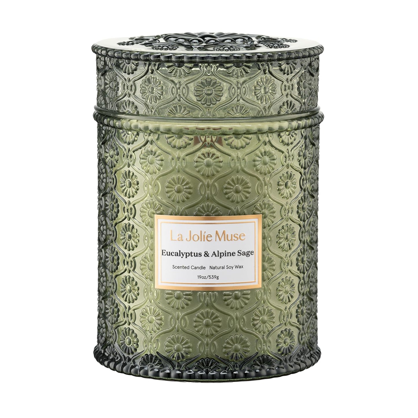 LA JOLIE MUSE Scented Candles Eucalyptus & Alpine Sage, 19 oz Large Wood Wicked Candle, Decorative Candles in Glass, Natural Soy Wax, 90 Hours Long Burning