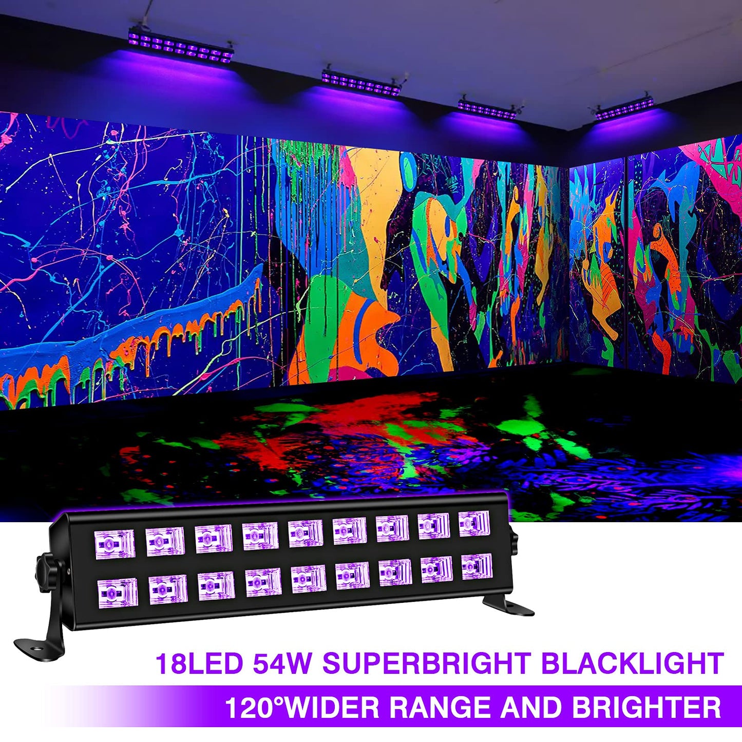 Black Light Bar Glow Party - 54W 18LEDs Powerful UV Black Light Glow in The Dark Party Supplies for Blacklights Party Body Paint Birthday Music Dance Nightclub Halloween Christmas Stage Lighting