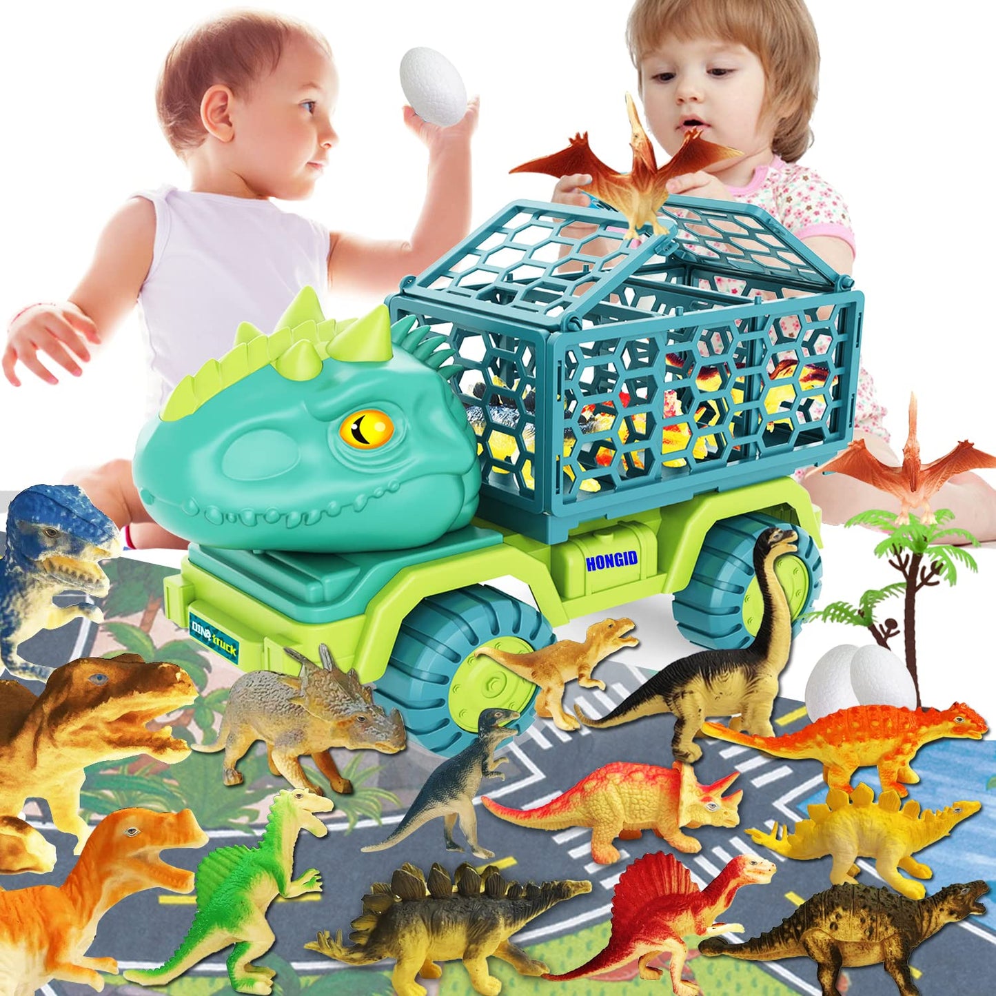HONGID Dinosaur Truck Toy with 15 Dino Figures & Activity Play Mat, Dinosaur Eggs, Perfect for Kids 3-5 , Stocking Stuffer