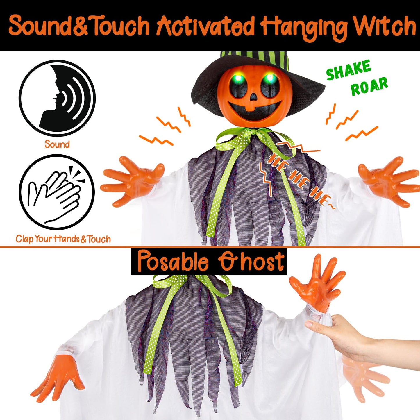55” Halloween Hanging Animatronics Ghost Pumpkin with LED Lights, Sound & Motion Activated and Shaking Arms - Perfect for Halloween Haunted House Prop Décor, Indoor/Outdoor Display, Lawn, Party