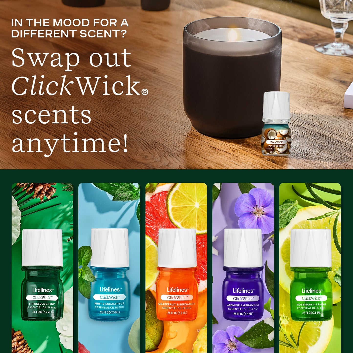 ClickWick Essential Oil Blends for Lifelines Diffusers, 4-Pack Lush Earth Collection - Essential Oil Blend Refill for Candle, Plant & Shower Aromatherapy Diffuser - Fragrance for Diffusers