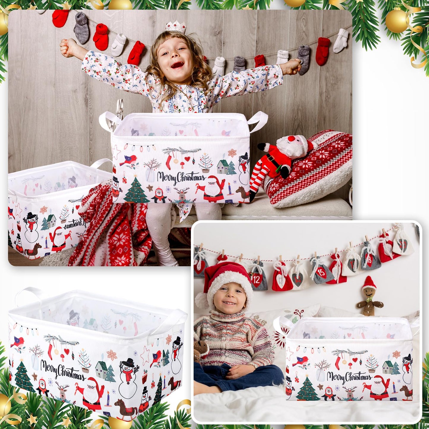 Maxcheck 6 Pcs Large Christmas Santa Storage Basket Foldable Christmas Gift Basket Rectangle Xmas Present Storage Boxes Bin Fabric Laundry Storage Organizer with Handles for Cloth Toy
