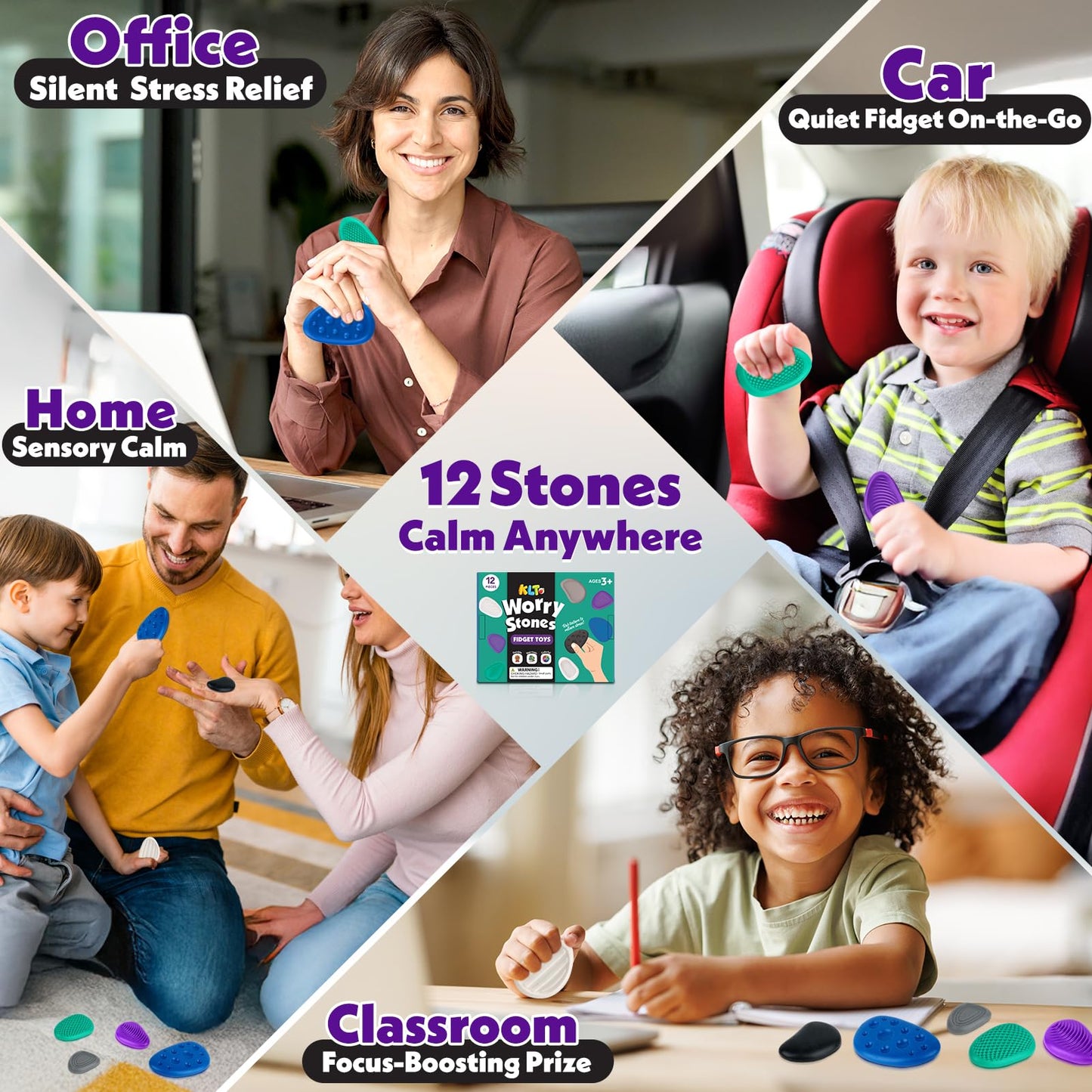 Fidget Toys Adults Sensory Stones: 12 Pack Textured Worry Stone for Autism Kids Calming Down - Fidget Stress Toys for Anxiety Relief - Students Prizes Fidget Toys