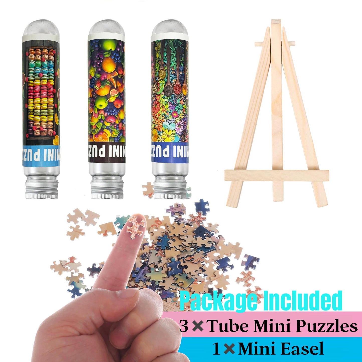 Small Jigsaw Puzzles for Adults 150 Pieces Mini Jigsaw Puzzles Challenging Colorful Macarons & Fruit Puzzles 6 x 4 Inches, 3 Pcs,Mini Easel Included