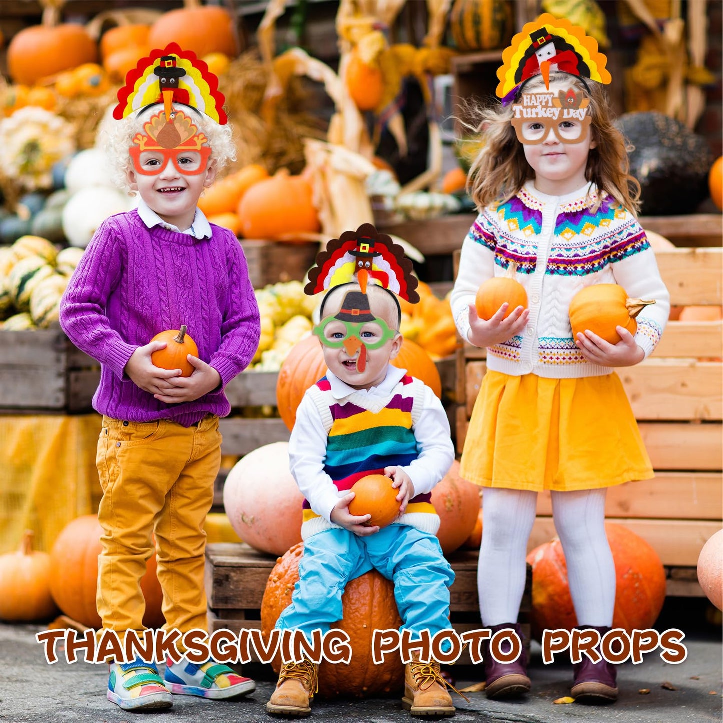 Hotop 24 Pcs Thanksgiving Turkey Headbands and Turkey Glasses Soft Felt Cloth Material Holiday Glasses and Headwears for Thanksgiving Autumn Party Favors