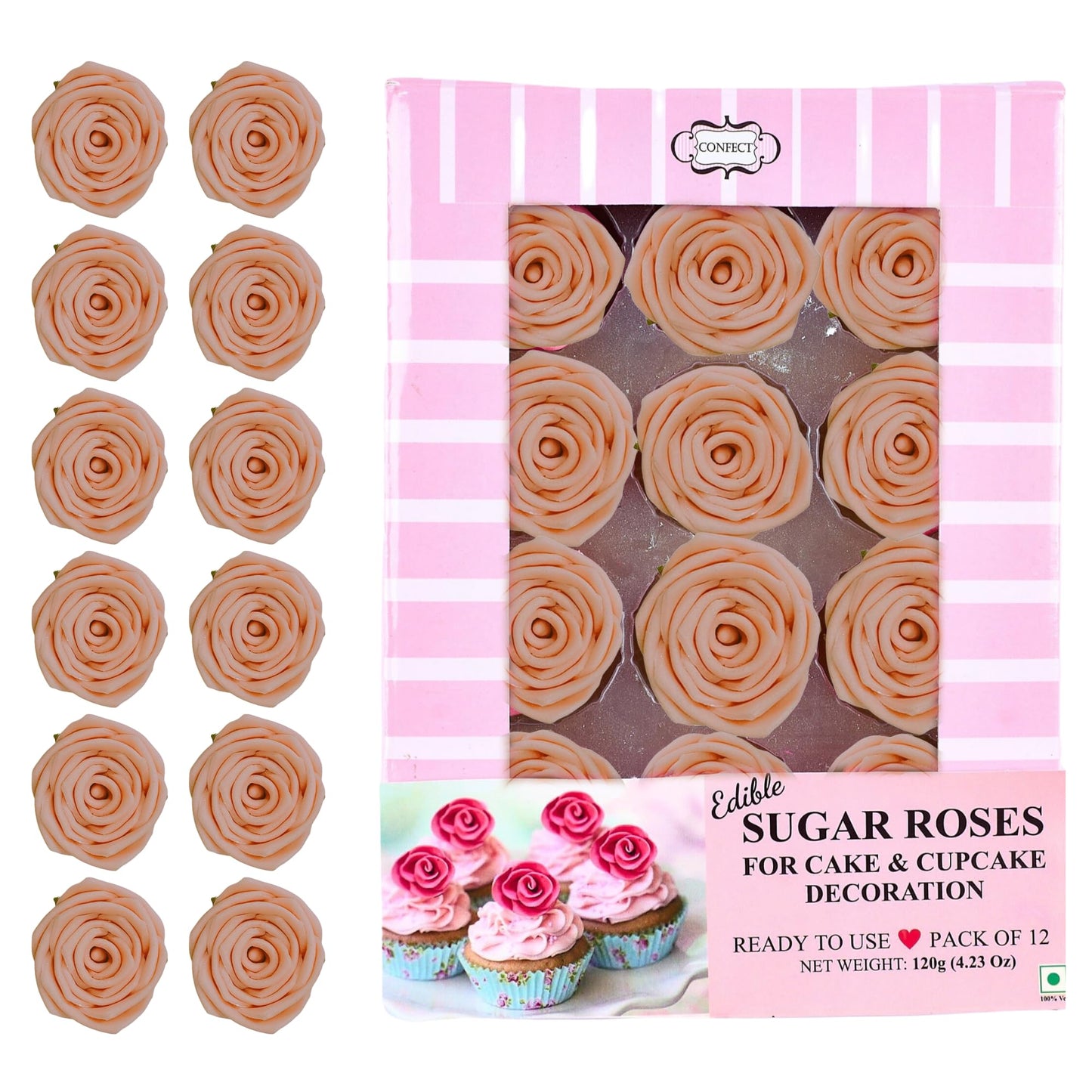 Confect Edible Rose Topper | Pretty Peach Pearl Edible Rose Toppers for Cakes, Cupcakes & Doughnuts | Perfect for Cake Decorations & Cupcake - Vegan, Dairy-Free, Palm Oil-Free - Pack of 12