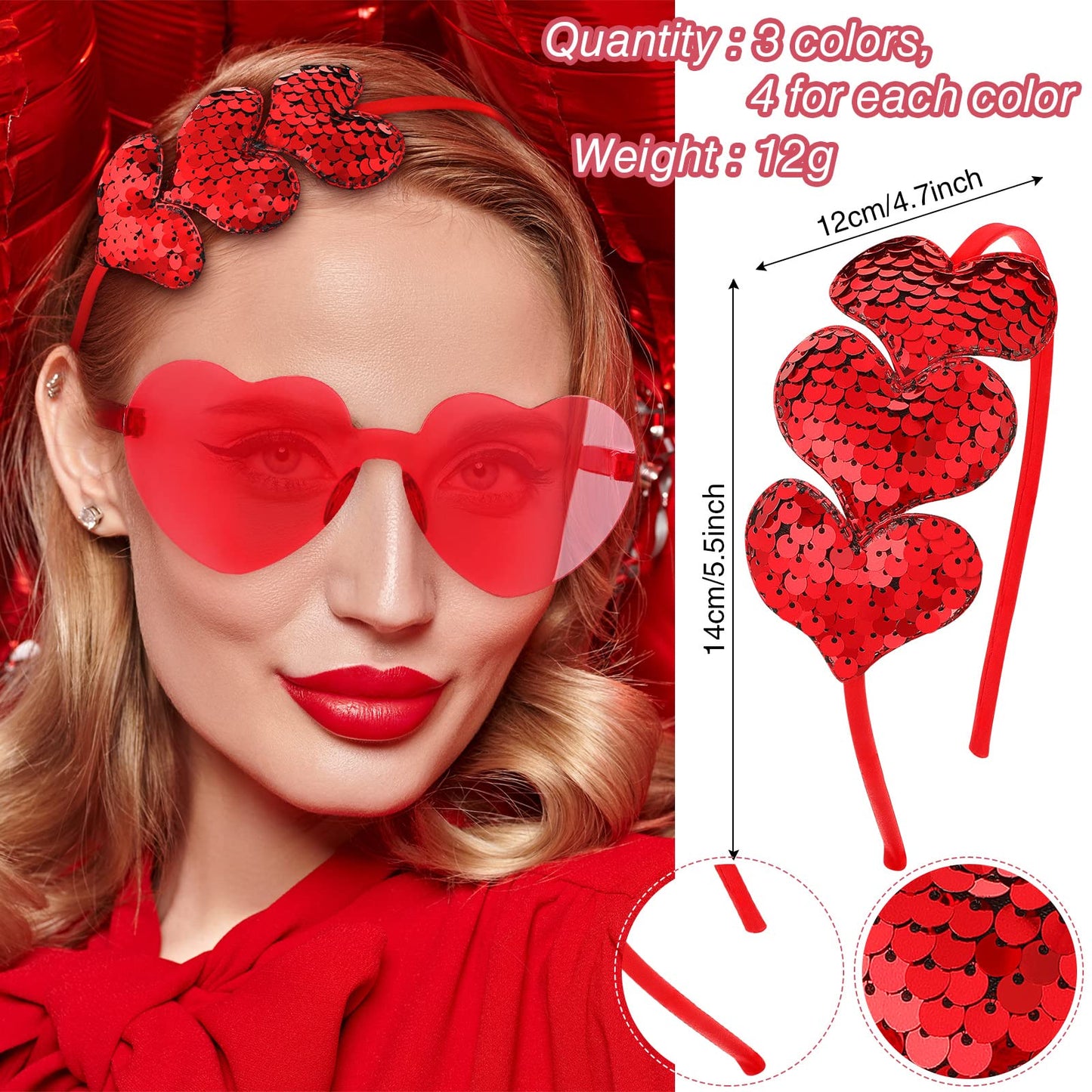 Flutesan 24 Pcs Valentine's Heart Sunglasses and Heart Sequin Headbands Rimless Heart Valentine Glasses, Cupid Love Headband Heart Shaped Glasses Candy Color Eyewear Hair Hoop for Valentine Party