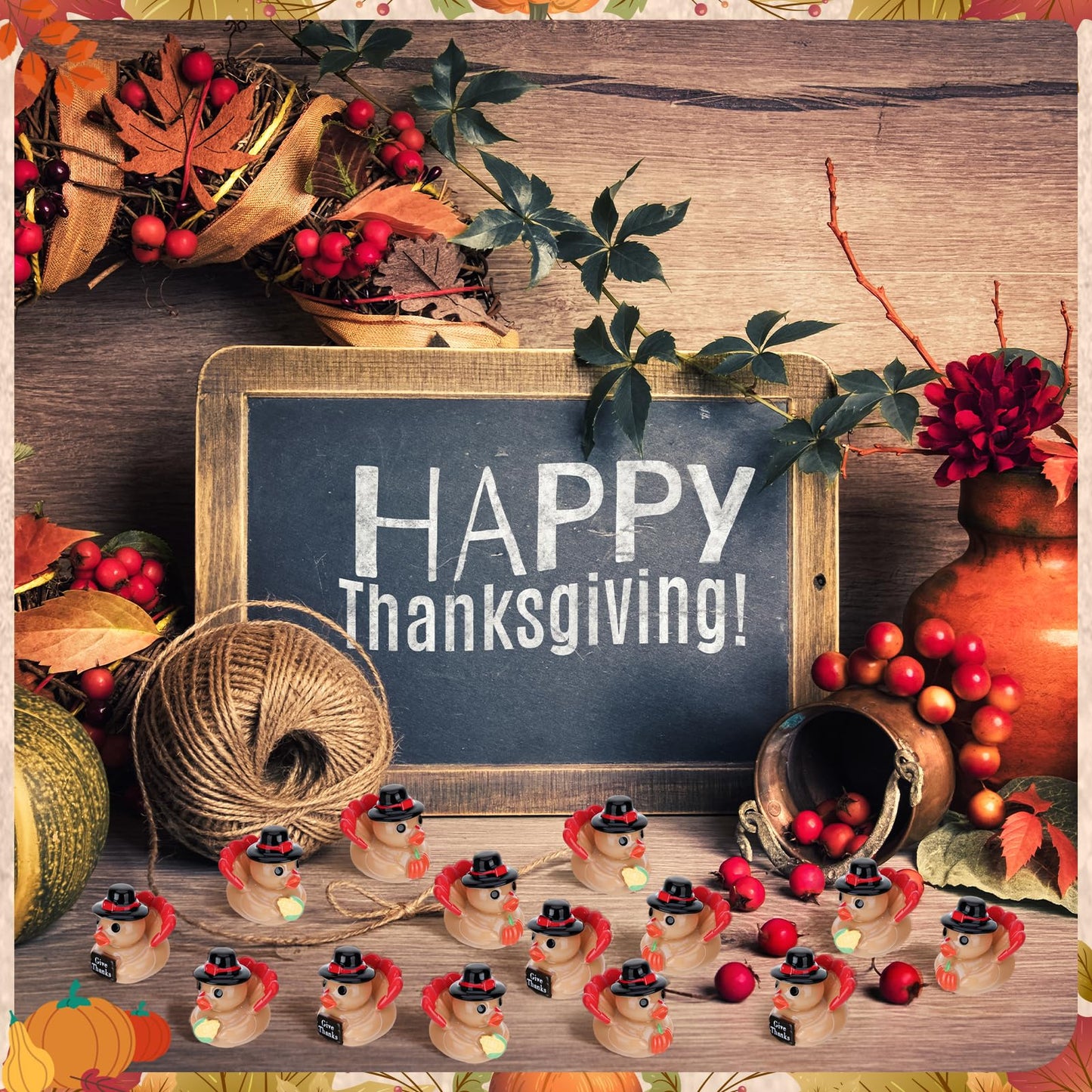 GGSTDDUP 60 Pcs Thanksgiving Mini Resin Ducks, Tiny Turkey Ducks, Miniature Turkey Figurines, Novelty Thanksgiving Party Favors Gift Decoration (Give Thanks, Corn, Pumpkin)