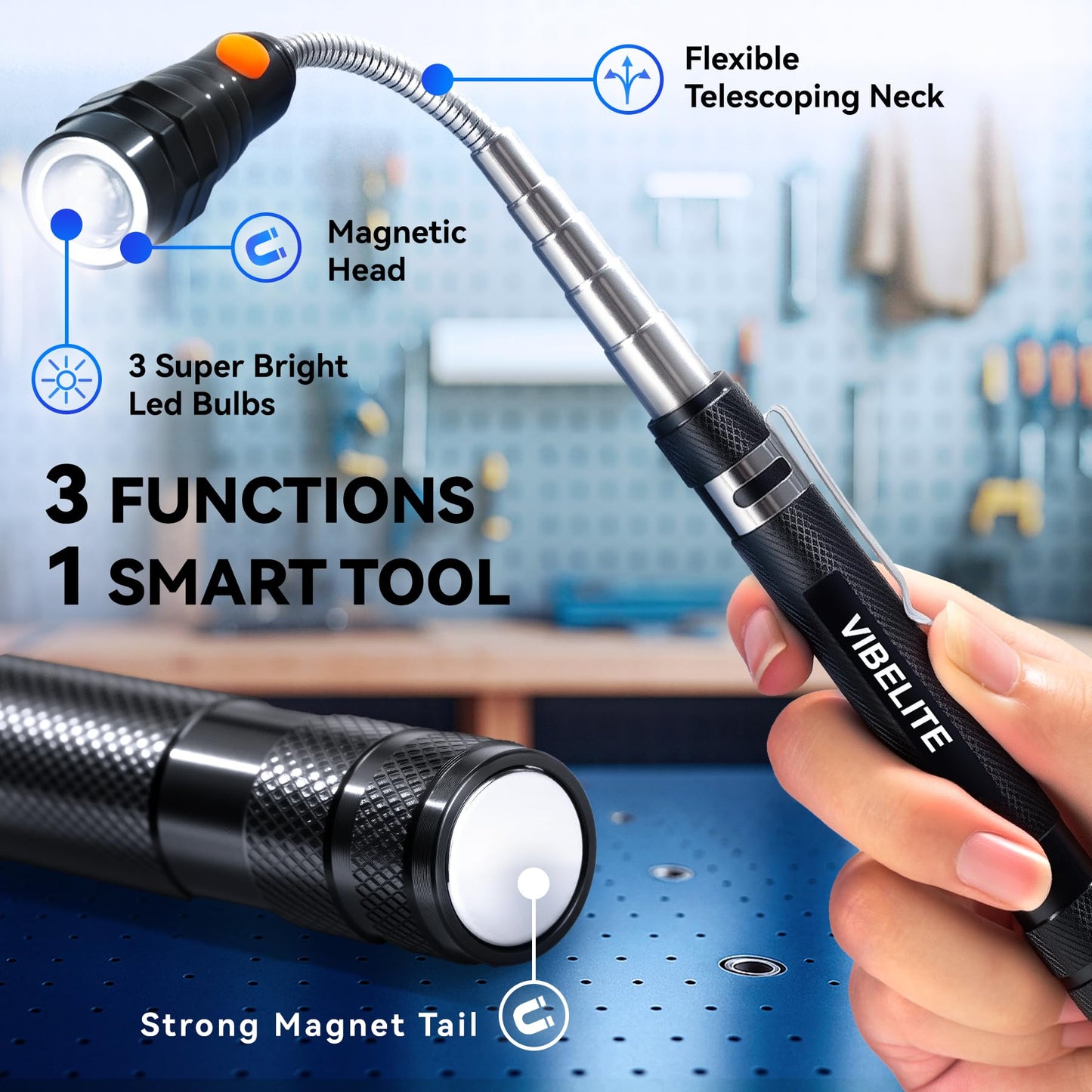 VIBELITE Extendable Magnetic Flashlight with Telescoping Magnet Pickup Tool-Cool Gadget Birthday for Men, Dad, Husband, Him, Father, Mechanic,Tech, Handyman, Boyfriend, Women, Black