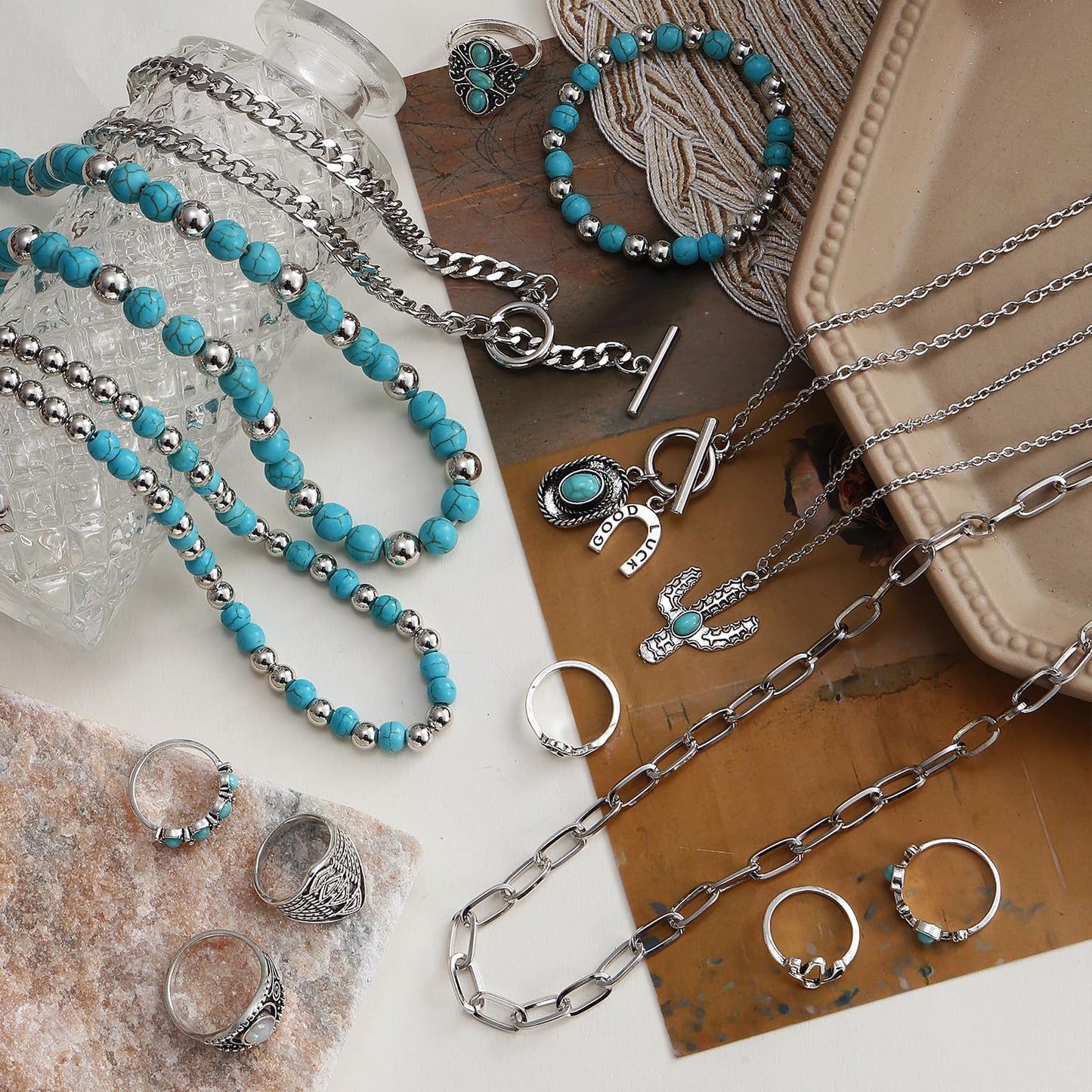 IFKM 50 PCS Silver Bohemian Jewelry Set With 7pcs Turquoise Necklace,12 pairs Dangle Earrings, 7pcs Stackable Bangle Bracelets, 24pcs Knuckle Rings For Women Vintage Western Boho Turquoise Anniversary Birthday Friendship Gift (Bohemian style)