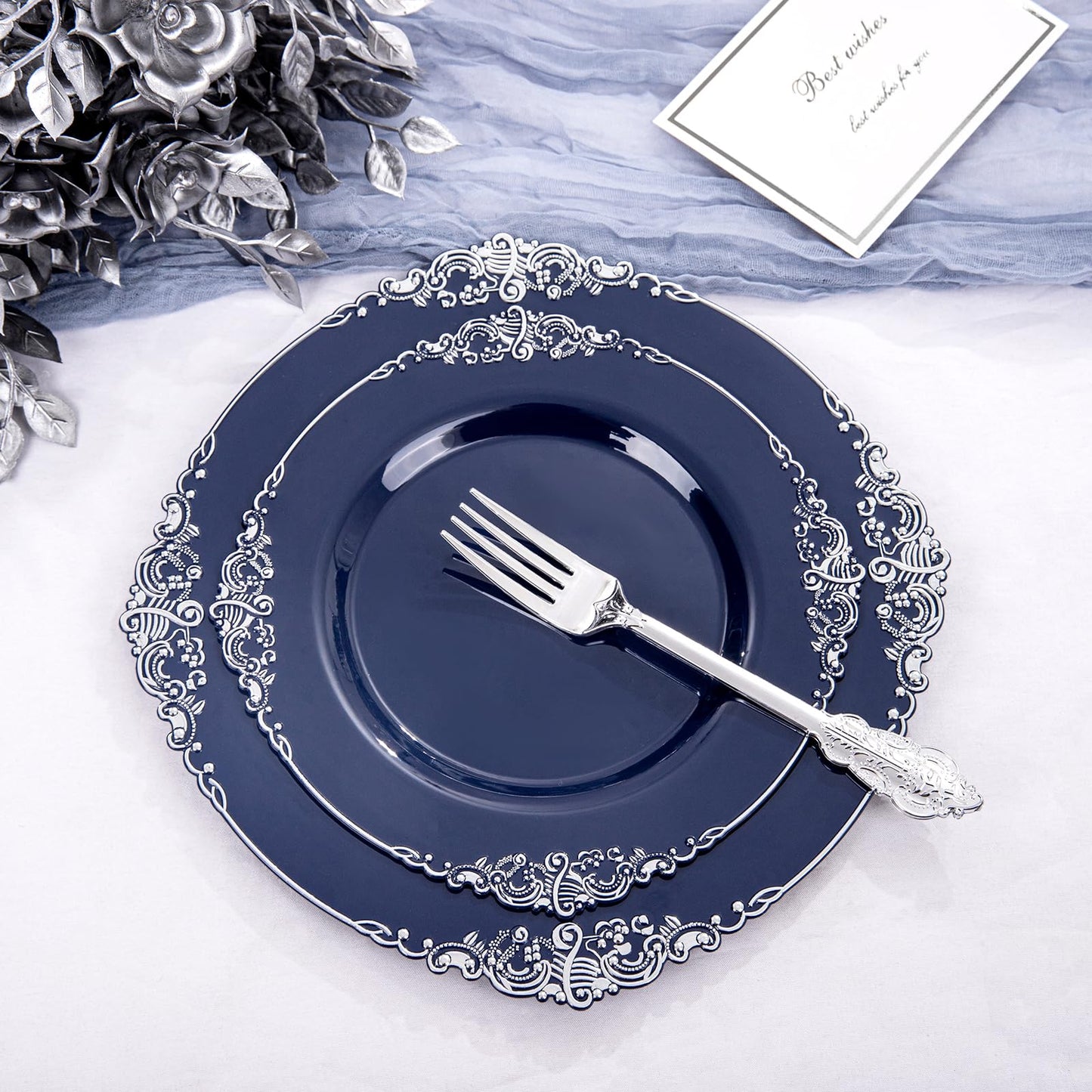 Hioasis 175pcs Blue and Silver Plastic Plates - Elegant Disposable Dinnerware Set Suitable for 25 Guests Include 10.25 Dinner & 7.5 Dessert Plates, Pre Rolled Silverware Set, Cups for Party & Wedding