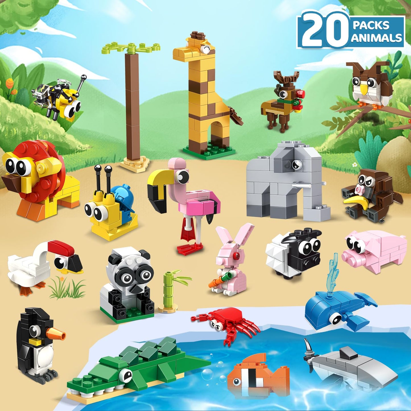 HOGOKIDS Party Favors for Kids - 20 Pack Animals Building Blocks Toy for Easter Gifts Goodie Bags Stocking Stuffer Classroom Prizes Building Set, Valentines Day Birthday Gift for Boys Girls Ages 6-12
