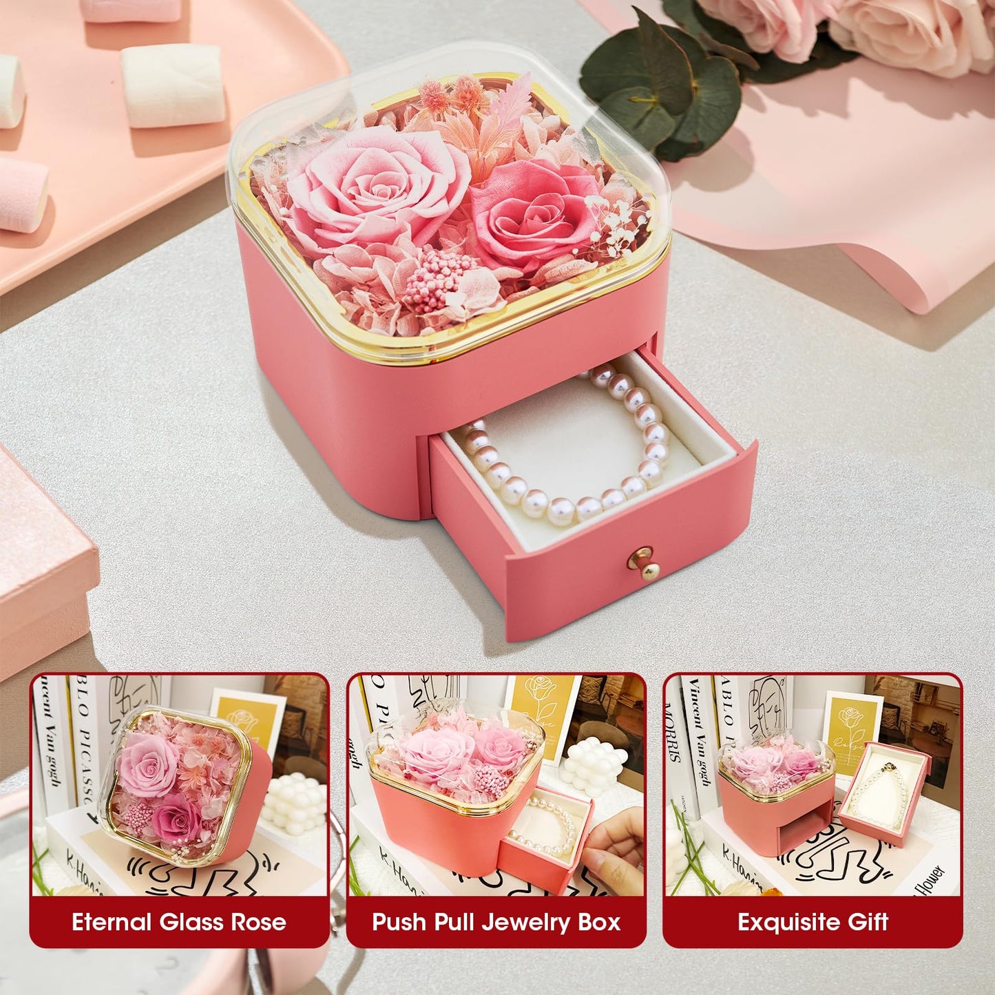 INYPTROPIC Preserved Real Rose with Pearl Bracelets Forever Flowers Jewelry Box for Mom Wife Girlfriend Grandma on Mothers Day Birthday Valentines Christmas Anniversary Beatiful Gifts for Women