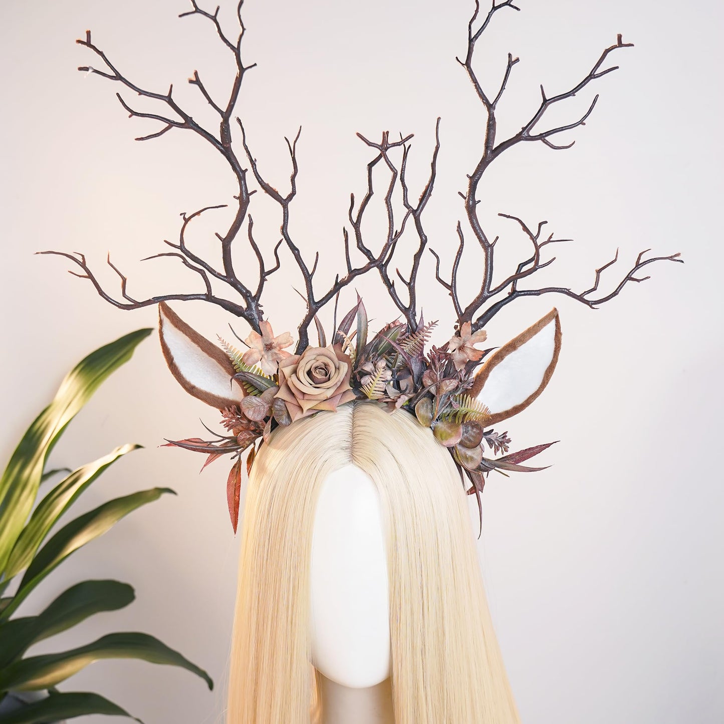 MOSTORY Flower Reindeer Ear Headband - Brown Branch Antlers Headband for Renaissance Deer Costume Women, Floral Antler Hairband for Renfaire Accessories Cosplay Fantasy Photo Shoot