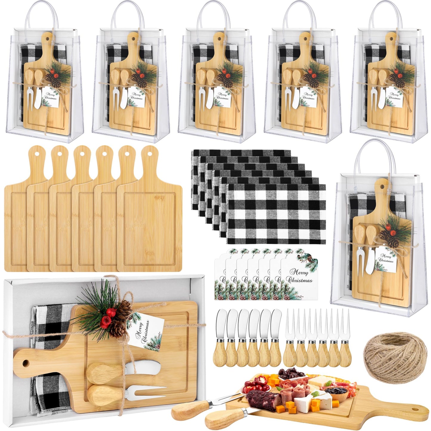 Kochorie 6 Sets Christmas Gifts Square Cheese Board Baby Bridal Shower Prizes for Game Winners Mini Cutting Board Tray with Cheese Knives Forks Kitchen Towels Christmas Party Supplies for Guests