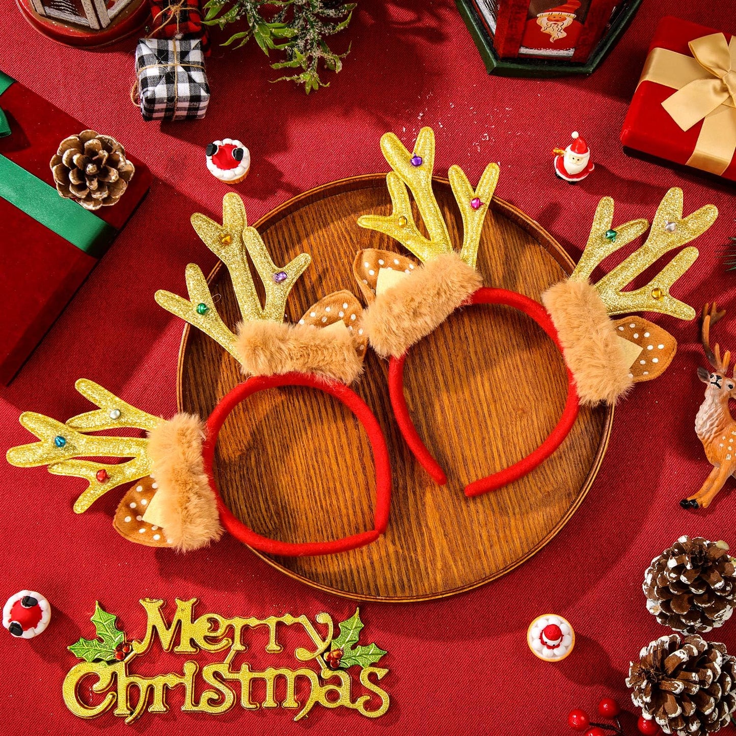 Crowye 6 Pcs Christmas Reindeer Antlers Headband Xmas Glitter Elk Antlers Headband for Hair Accessories(Sequin Bell)