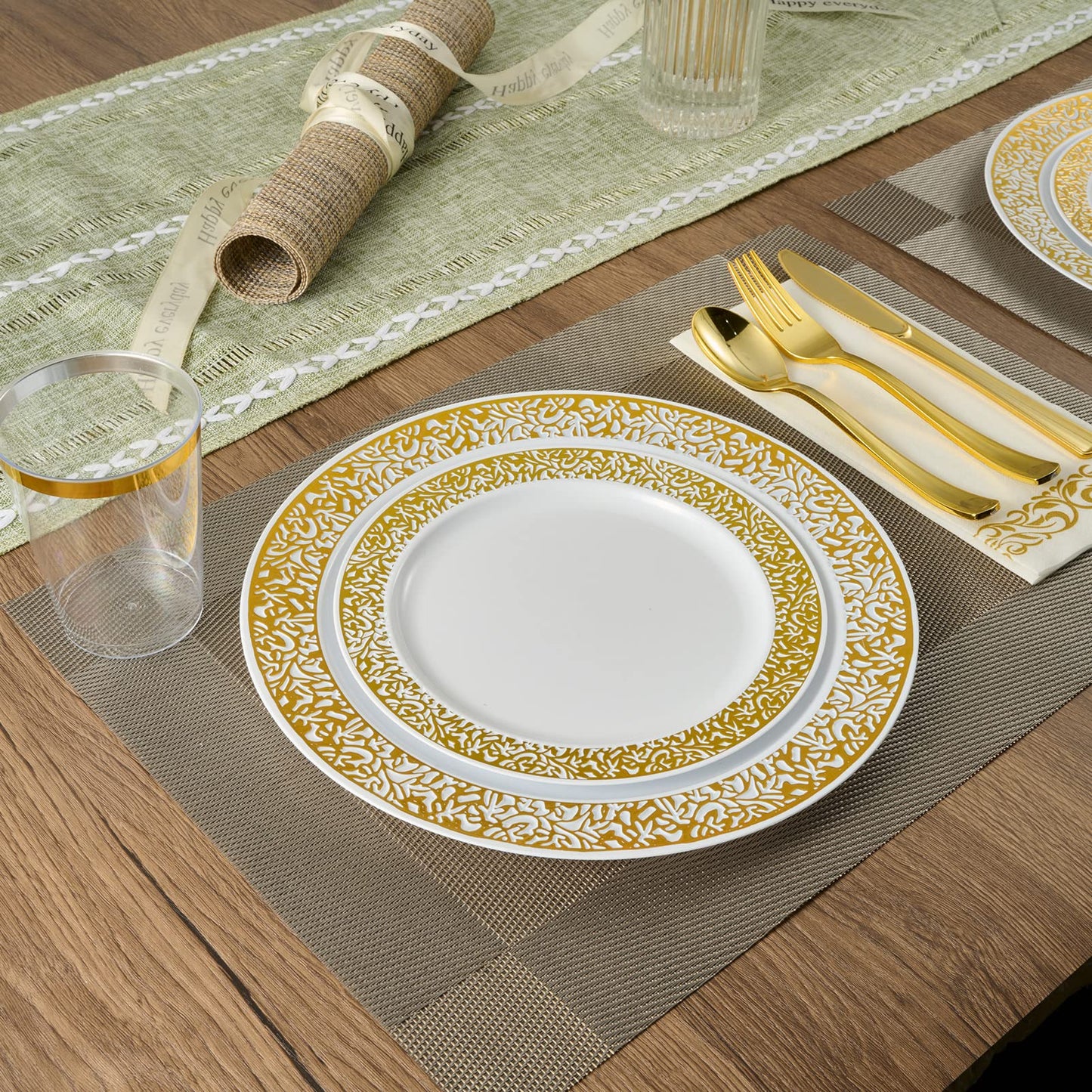 FOCUSLINE 175 Ct Gold Dinnerware Set for 25 Guests, White Plastic Plates with Gold Lace Rim Design, Including 25 Disposable Dinner & Dessert Plates, Cups, Napkins, Cutlery Set
