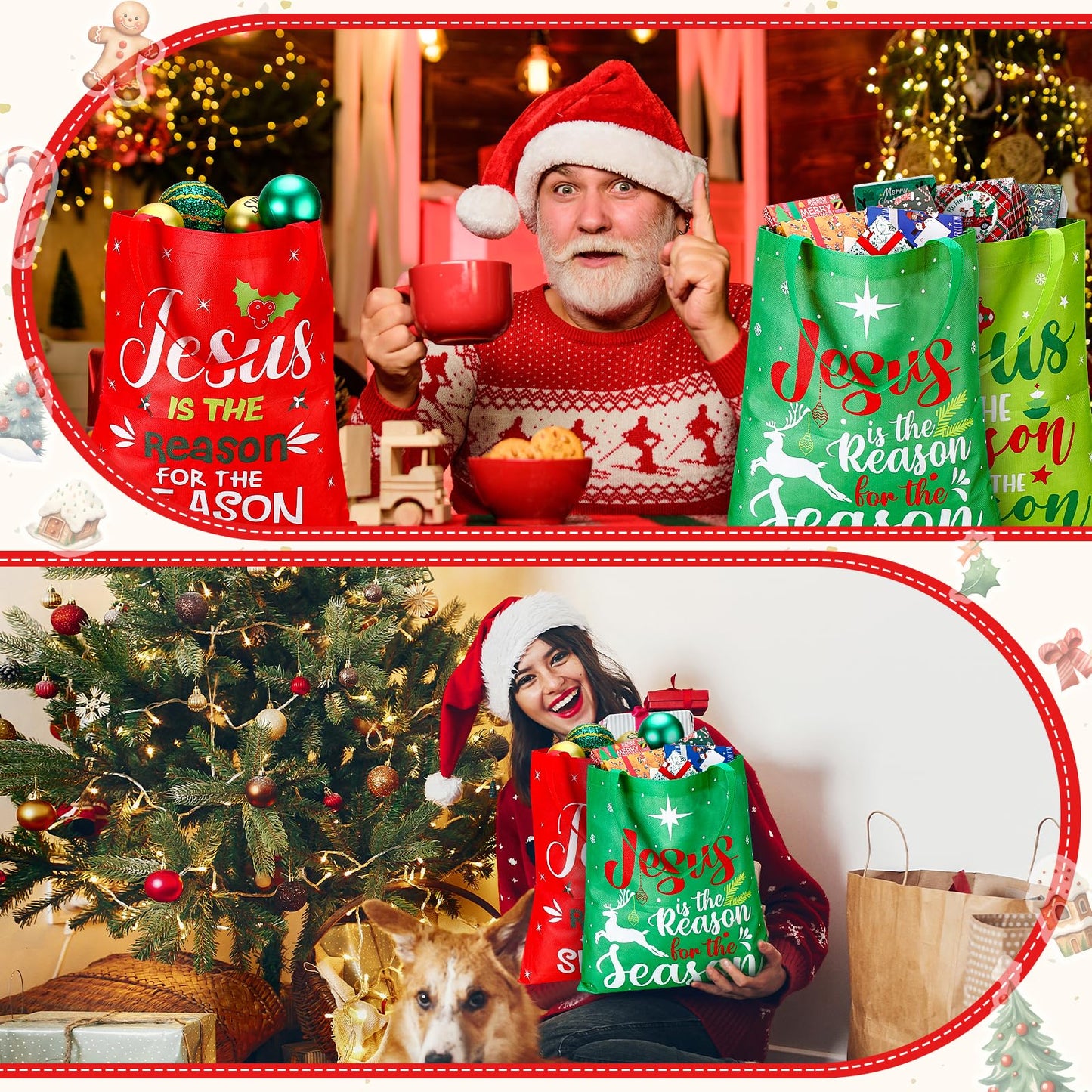 Hosuly 15 Pcs Extra Large Christmas Gift Bags 15 x 17 in Non Woven Christmas Tote with Handle Reusable Jesus Is the Reason for the Season Shopping Bags for Religious Xmas Holiday Party Supplies