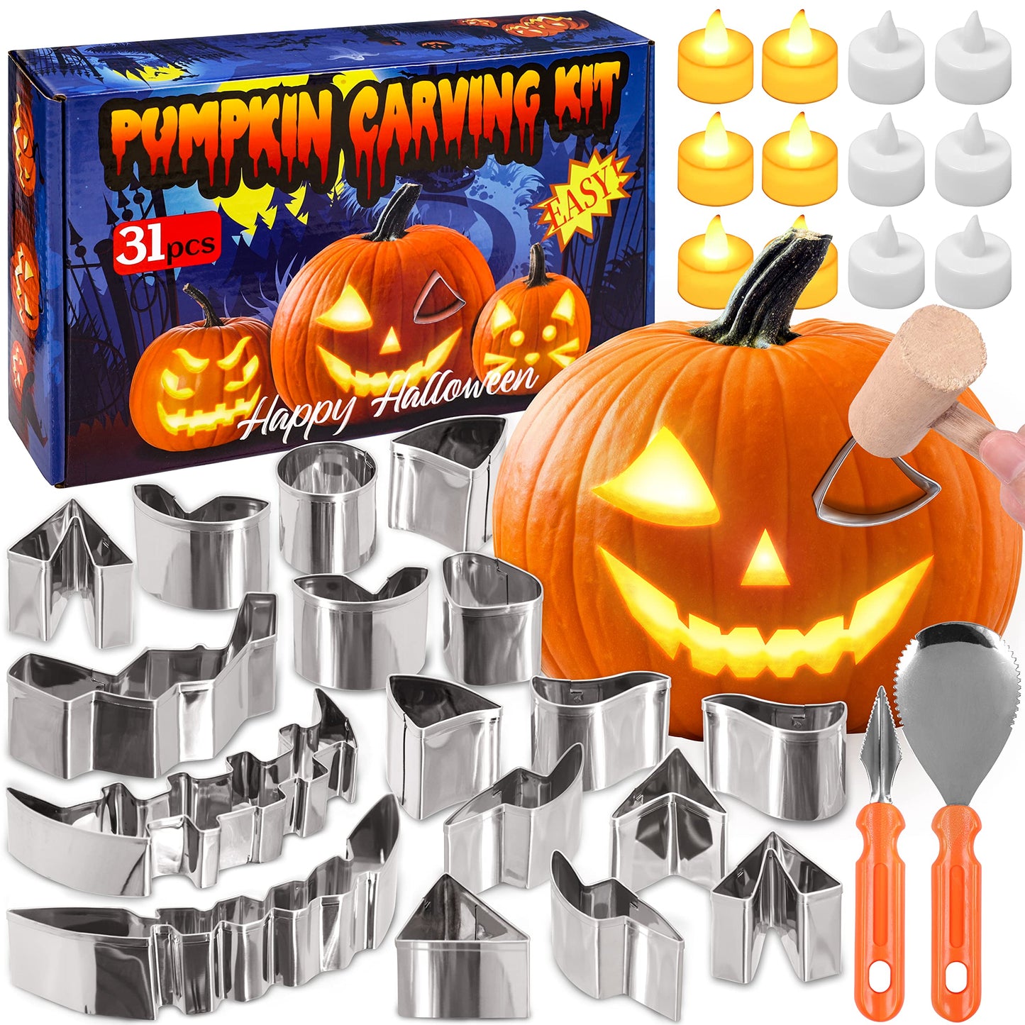 31PCS Pumpkin Carving Kit for Kids - Pumpkin Carving Tools Included Stainless Stencils with LED Candle Lights Halloween Decorations (Mallet Not Included)