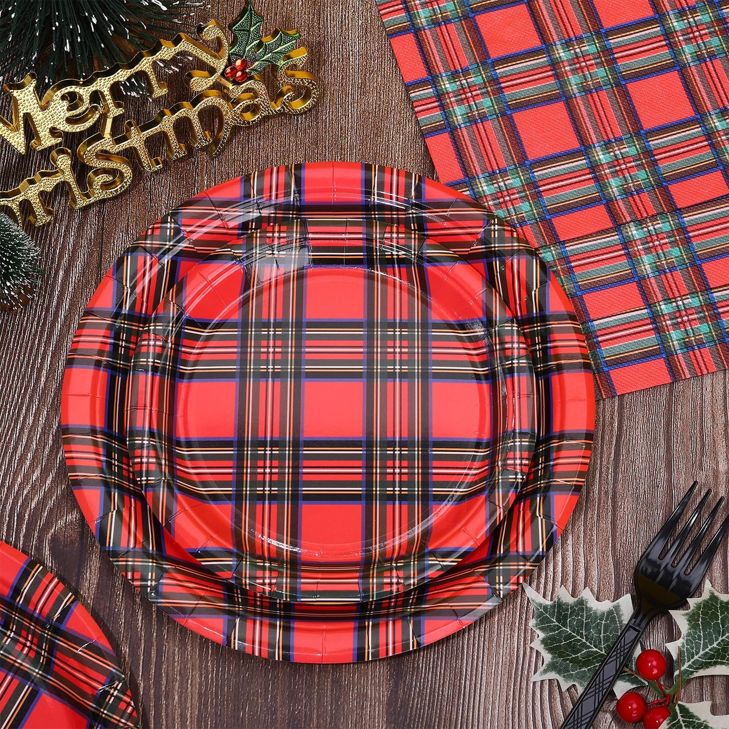 Whaline 96Pcs Christmas Plaid Paper Tableware Set Red Xmas Checkered Party Supplies Gingham Disposable Plates Napkins and Forks for 24 Guest Holiday Birthday New Year Party
