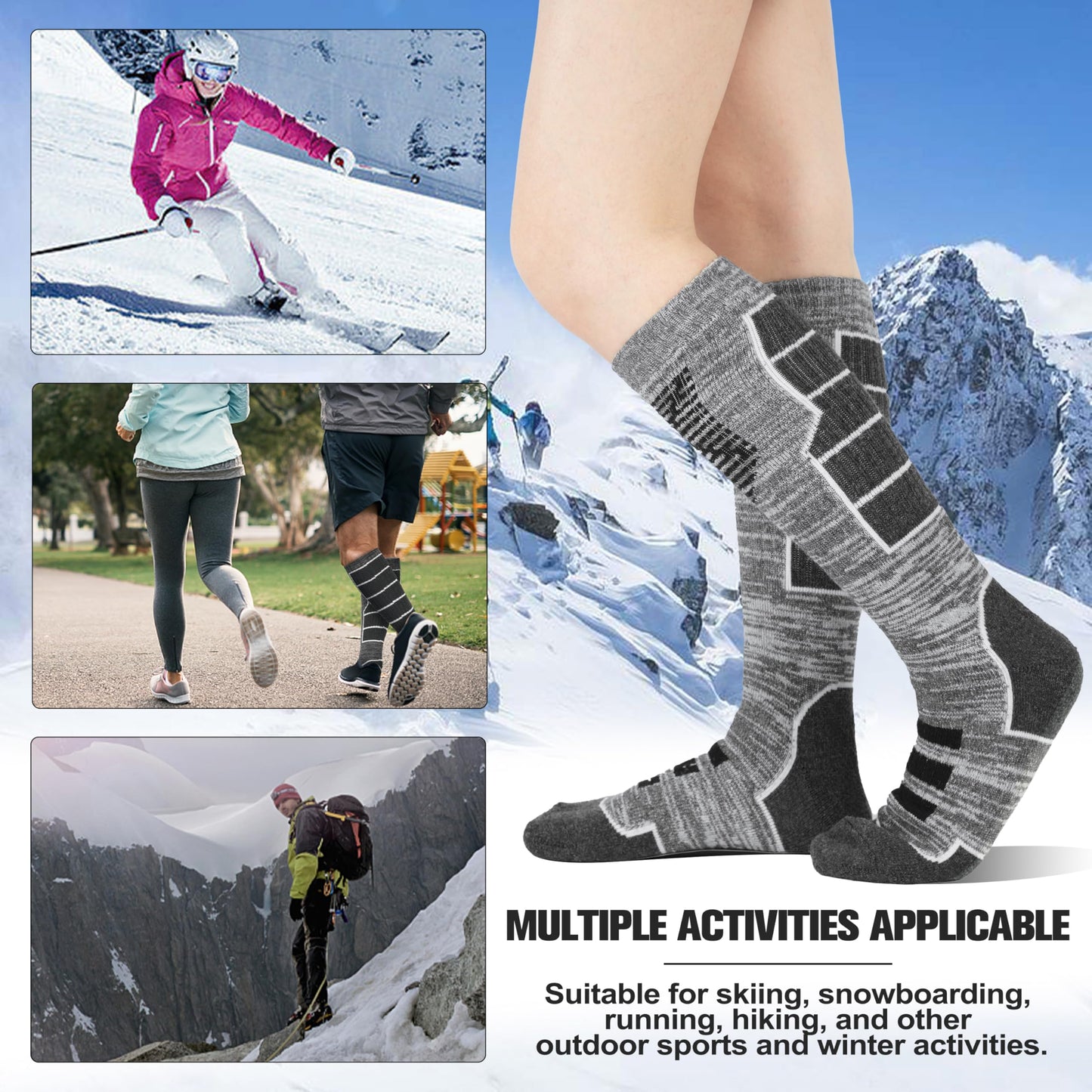 Anlisim Merino Wool Ski Thermal Unisex Socks for Men Women Winter Warm Thick Knee High Long Skiing Snowboarding Socks 3 Pairs Gift Stocking Stuffers(Black Gray,L)