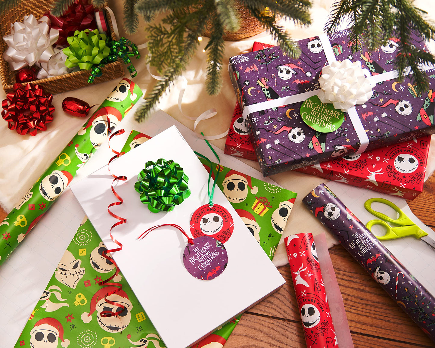 American Greetings 105 sq. ft. The Nightmare Before Christmas Christmas Wrapping Paper Bundle with Cut Lines, Jack Skellington and Zero (3 Rolls 30in. x 14 ft.)