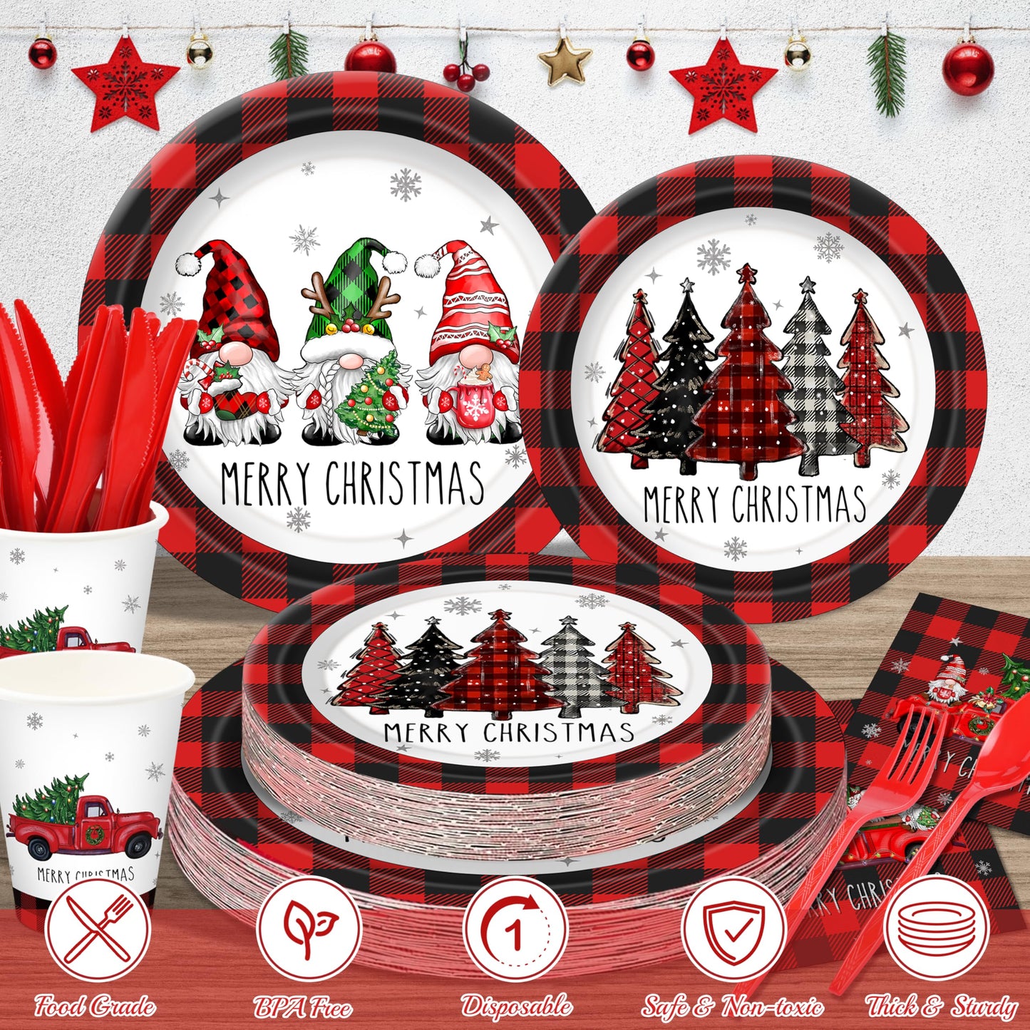 Christmas Plates Set Christmas Dinner Tableware Set Disposable 168Pcs Christmas Party Supplies for 24 Guests Buffalo Plaid Christmas Paper Plates Napkins Cups Plastic Forks Knives Spoons