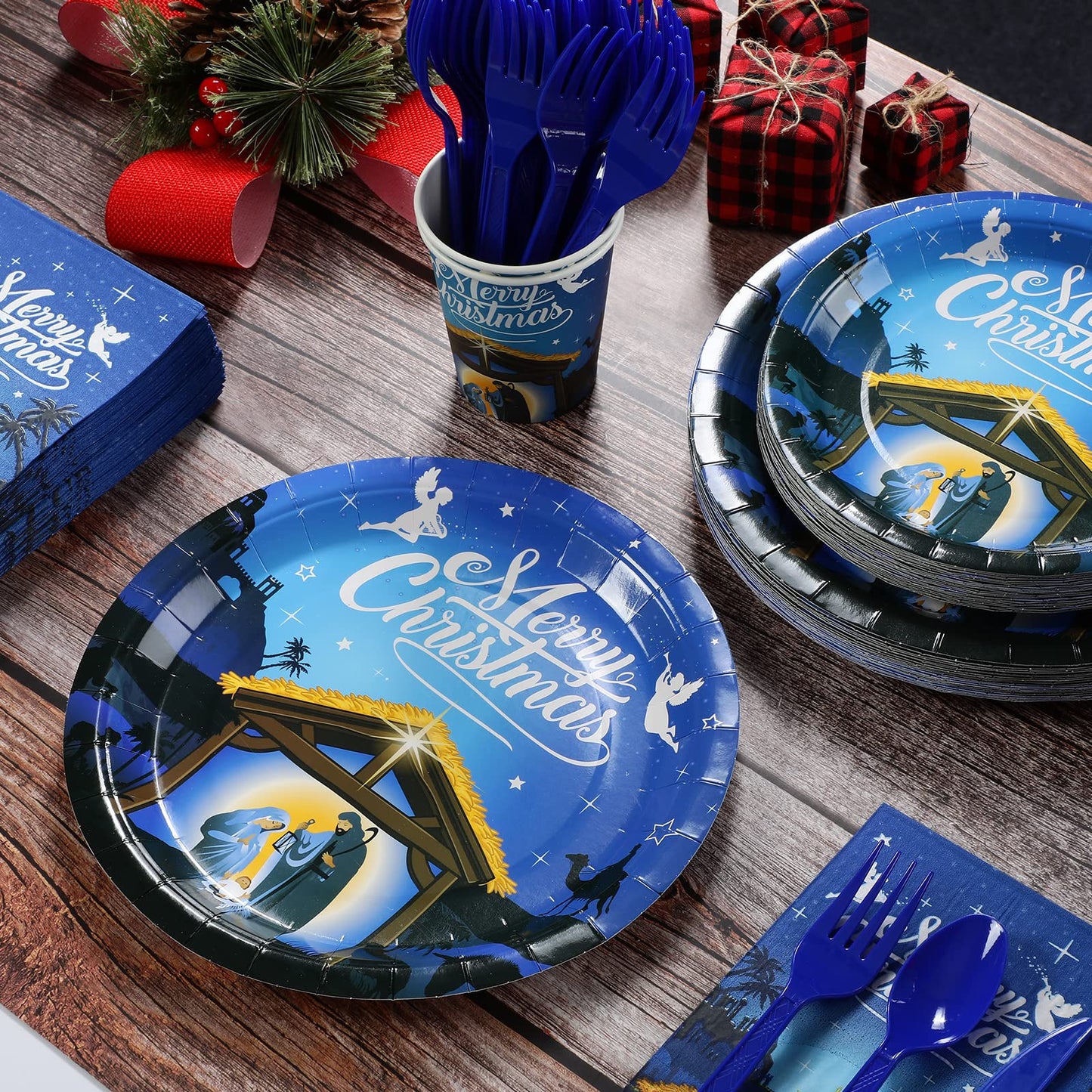 Christmas Nativity Party Supplies, Christmas Nativity Plates and Napkins Set, Disposable Jesus Holy Night Paper Plates Napkins Cups Knives Spoons Forks for Xmas Winter Holiday Party Decors, Serve 25