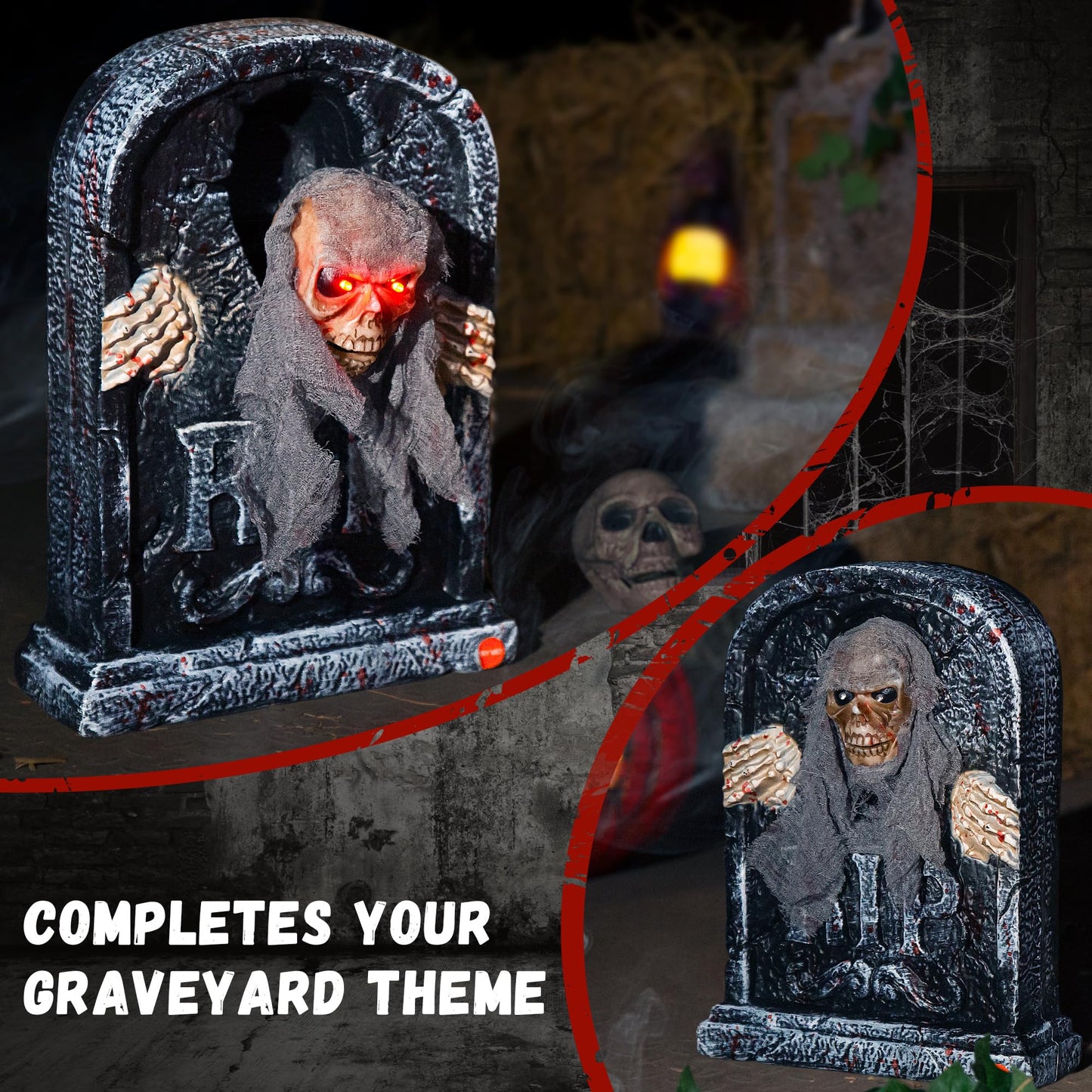 Halloween Animatronic Tombstone with Moving Skeleton - Sensor Activated Animated Scary Prop with Creepy Sound & Light-Up Eyes for Haunted House, Yard,Halloween Party Decor