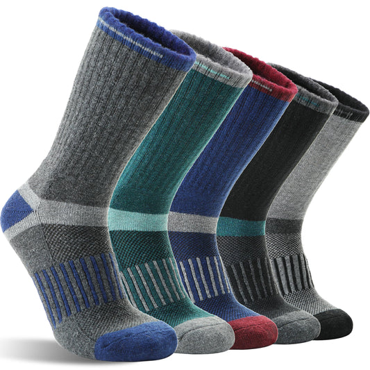 Merino Wool Hiking Socks for Men Warm Thermal Winter Cozy Work Crew Socks Gifts Stocking Stuffers 5 Pairs (Dark Pinstripes A,L)