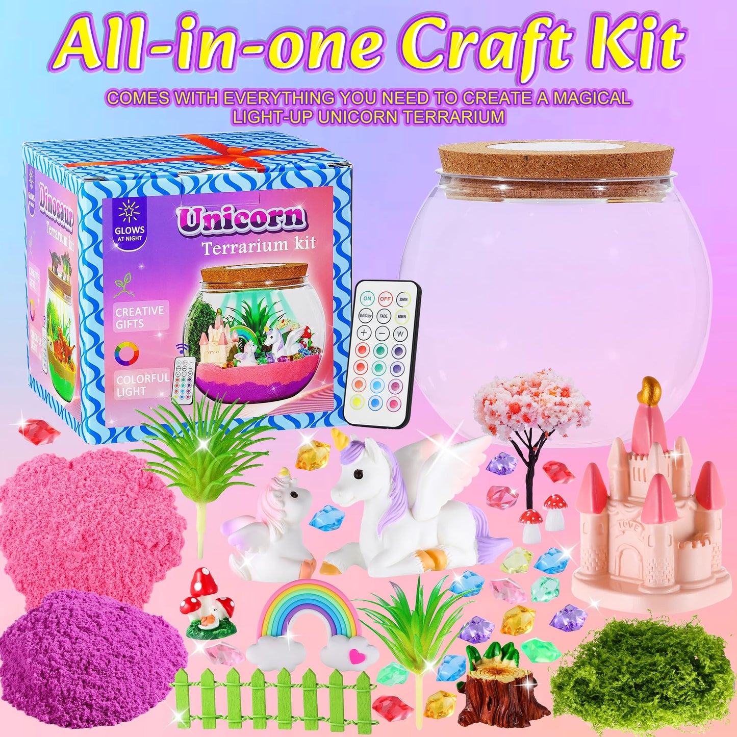 Hannstar Unicorn Terrarium Crafts Kit for Kids-LED Night Light Up & Remote Unicorn Birthday Gifts Toys for Girls Ages5 6 7 8 9 10 Year Old-Christmas Gifts for Girls