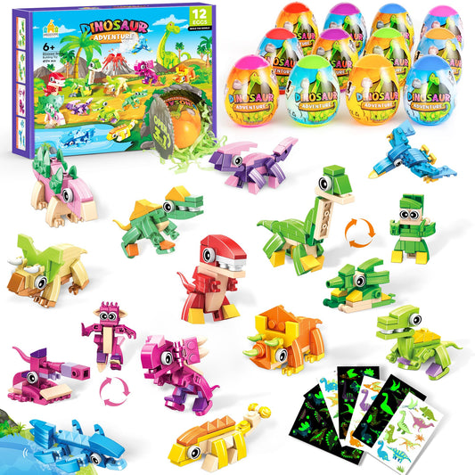 Dinosaur Party Favors for Kids – 12 Dino Eggs with Building Toy Set, Includes Glow-in-the-Dark Tattoos, 3-in-1 Models, Christmas & Birthday Gift, Goodie Bag Filler, Stocking Stuffer, Boys & Girls 6+