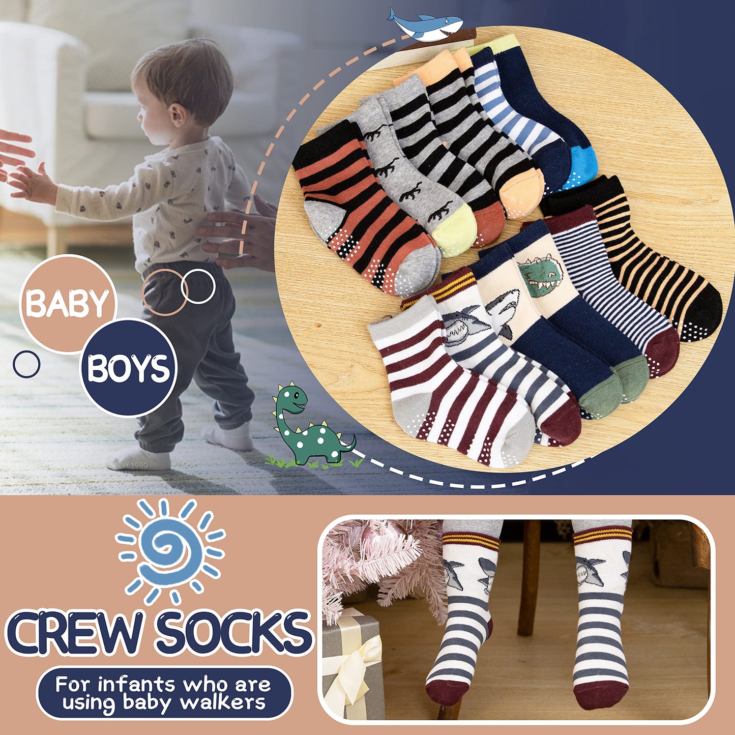 ANTSANG Baby Boys Grips Socks Kids Toddlers Infants Gifts Non Slip/Anti Skid Crew Cotton Socks 12 Pairs Gifts for Boys Kids Stocking Stuffers (Brown Striped(12 Pairs),3-5 Y)