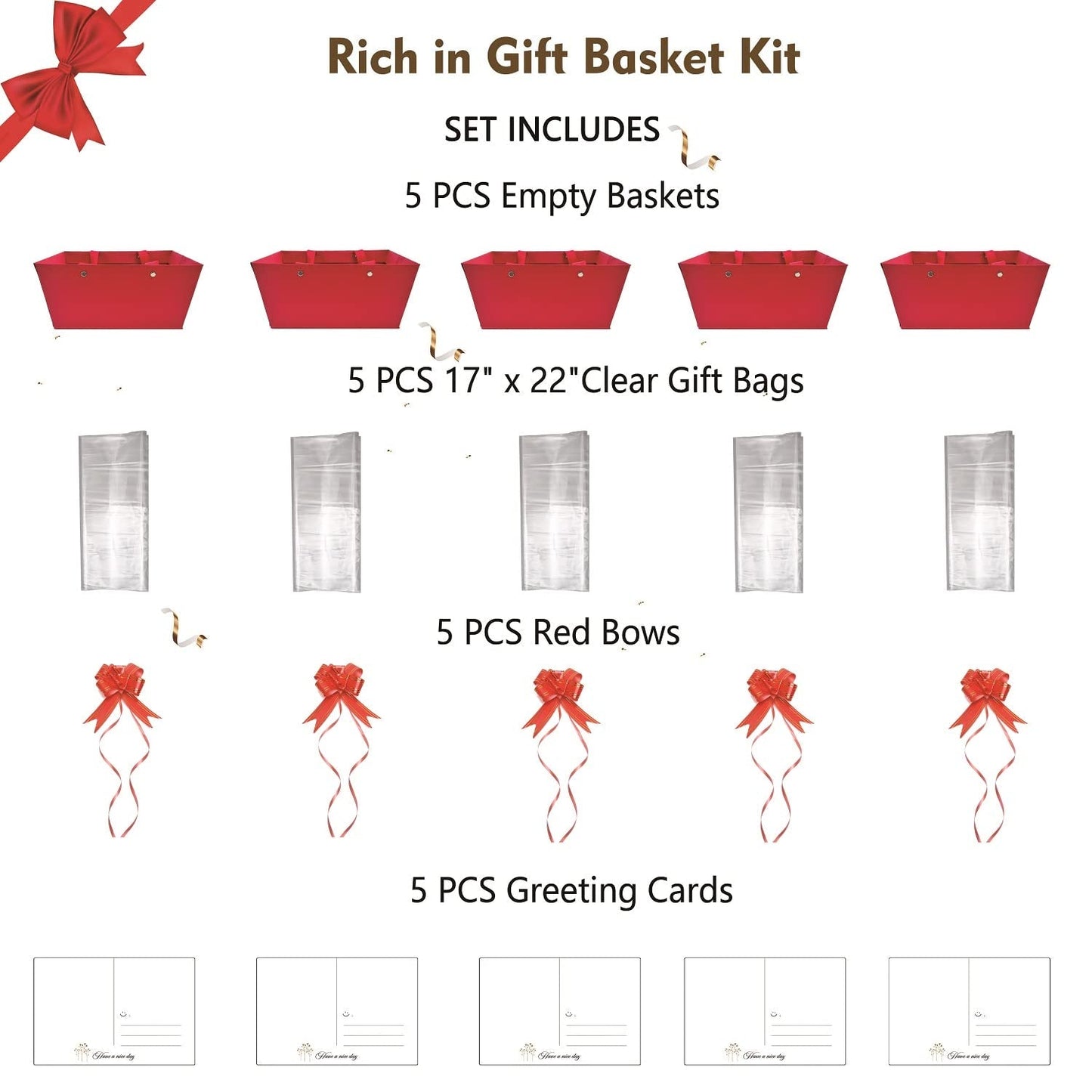 Baskets For Gifts Empty, 5 PCS Red Gift Bags With Handles DIY Kit, Gift Basket Empty To Fill Bulk For Party Favors Wedding Birthday Christmas Valentines Holiday Thank You