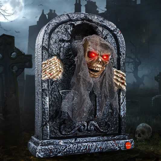 Halloween Animatronic Tombstone with Moving Skeleton - Sensor Activated Animated Scary Prop with Creepy Sound & Light-Up Eyes for Haunted House, Yard,Halloween Party Decor
