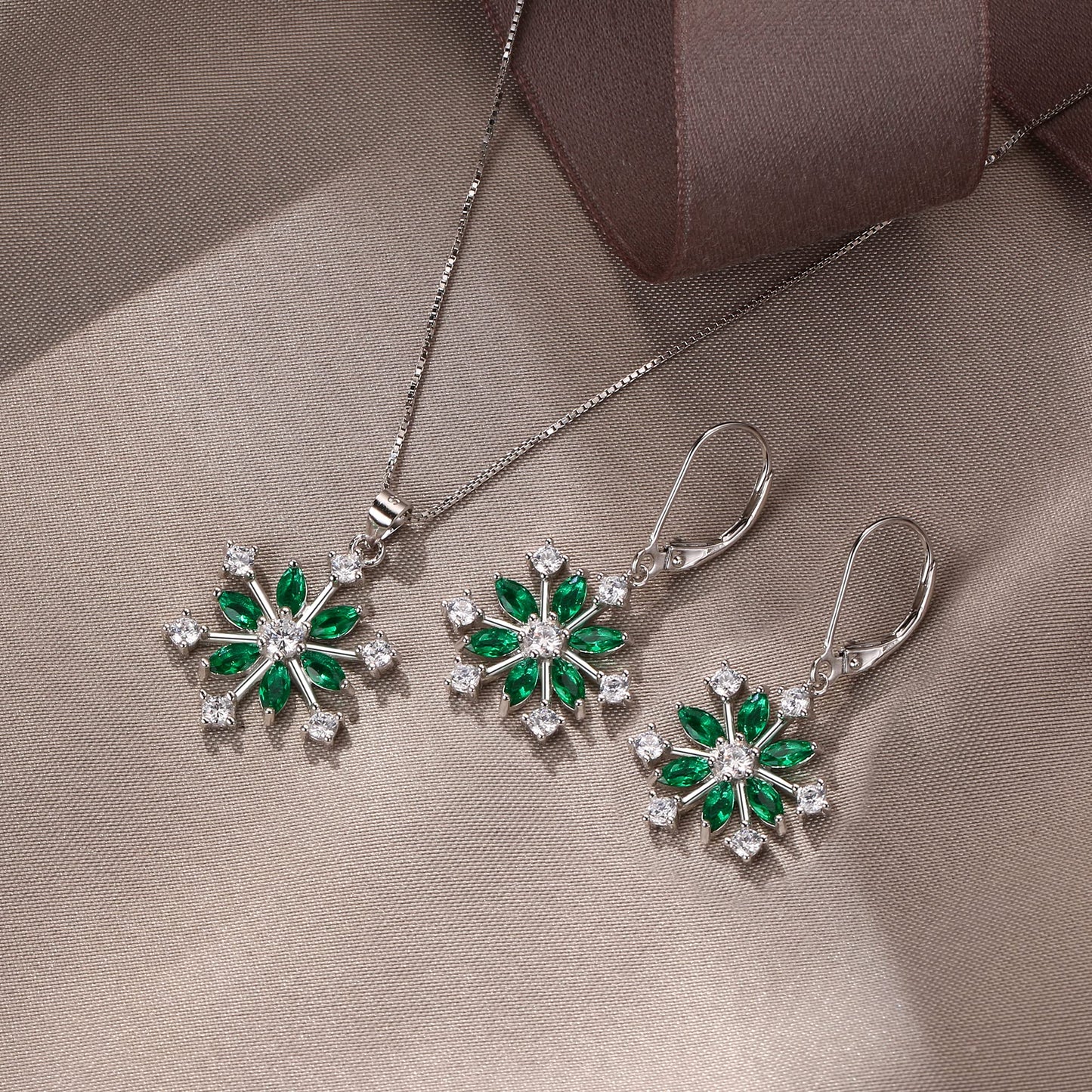 EVER FAITH Snowflake Jewelry Set Sterling Silver Winter Accessory Sparkle Green CZ Flower Necklace Leverback Earrings Sets