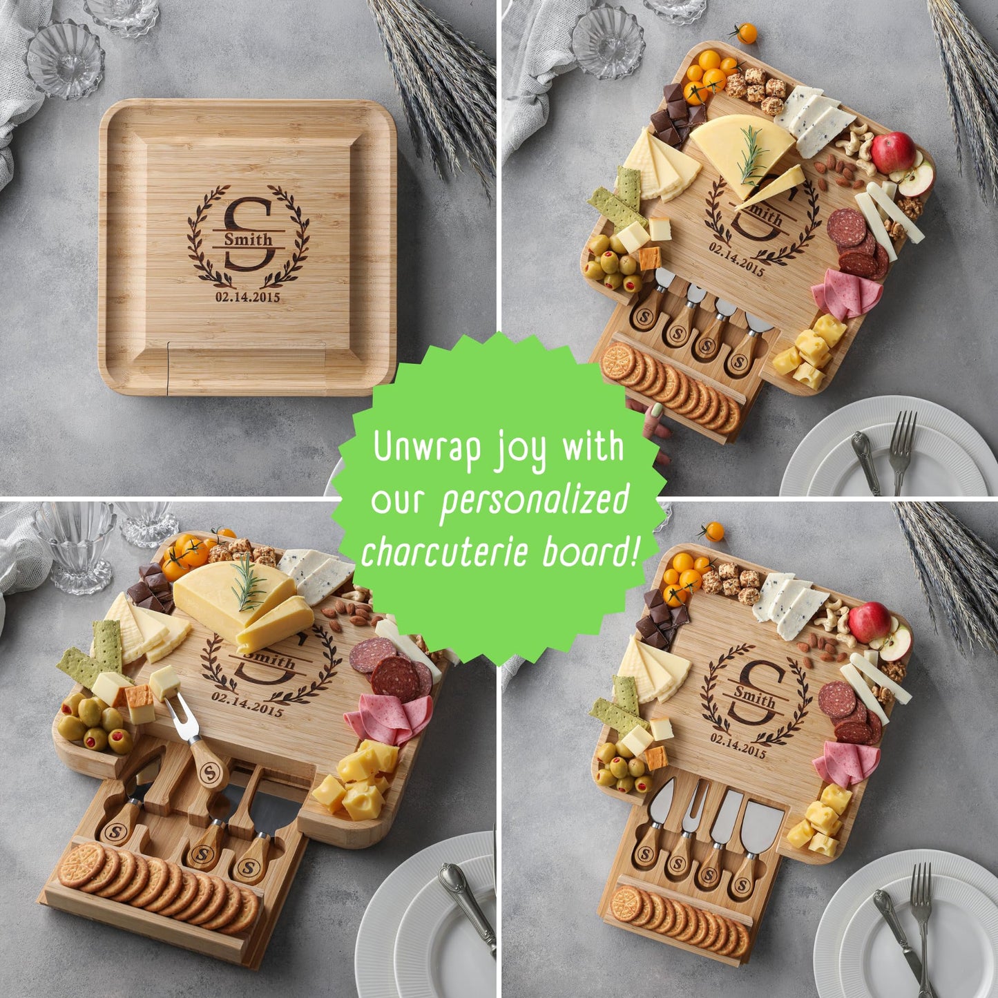 Personalized Charcuterie Boards Gift Set, Custom Engraved Cheese Board, Christmas Gifts for Mom Wedding Gifts for Couples, Bridal Shower, Birthday, Housewarming New Home Gifts for Family or Women