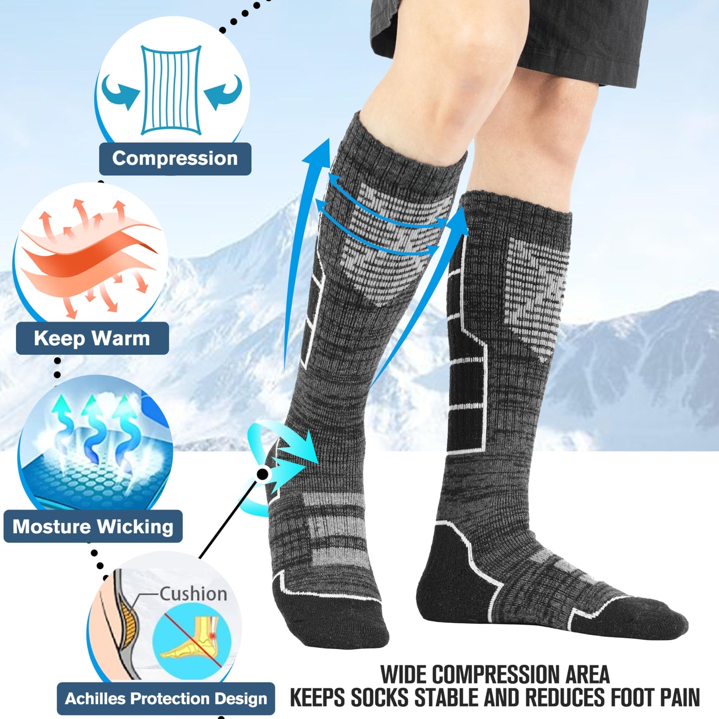 Anlisim Merino Wool Ski Thermal Unisex Socks for Men Women Winter Warm Thick Knee High Long Skiing Snowboarding Socks 3 Pairs Gift Stocking Stuffers(Black Gray,L)