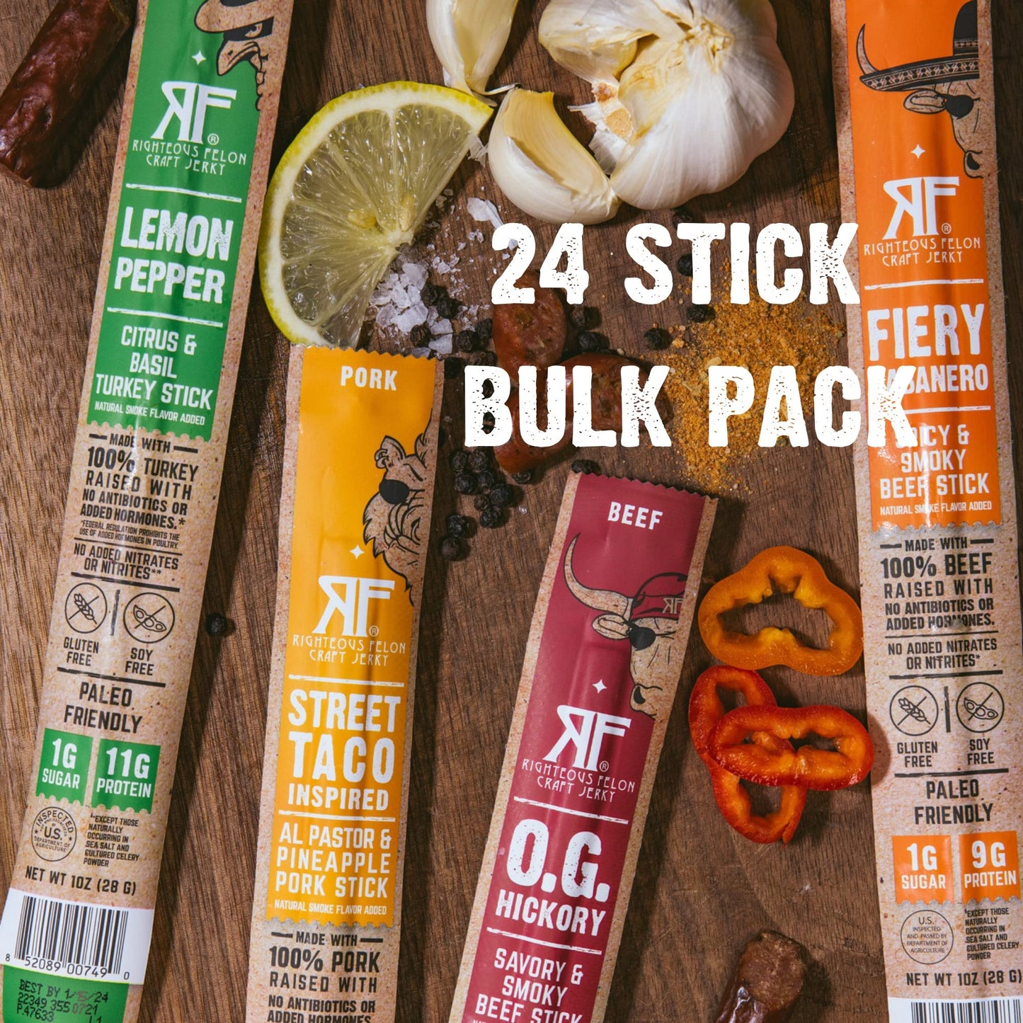 Righteous Felon Meat Sticks Variety Pack | Healthy Snack for Adults | Gluten Free & Keto Meat Sticks | Low Sugar & High Protein | Turkey, Pork, Beef Sticks | Jerky Gifts for Men | 24 Pack