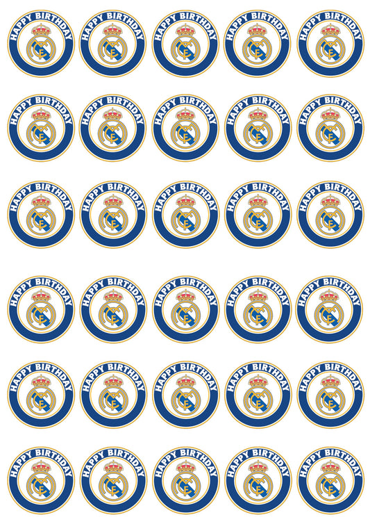 30 x Edible Cupcake Toppers – Madrid's Football Themed Collection of Edible Cake Decorations | Uncut Edible on Wafer Sheet