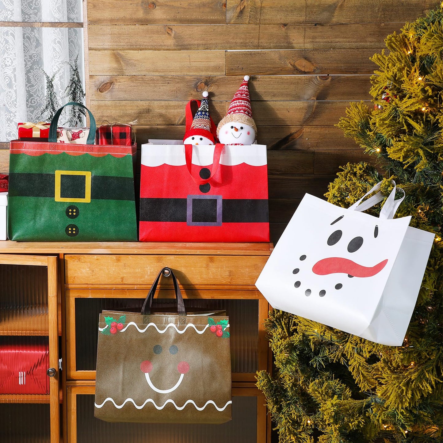 Hosuly 16 Pcs Large Christmas Gift Bags with Handle Reusable Shopping Bags Reusable Non Woven Shopping Bag(Classic Style)