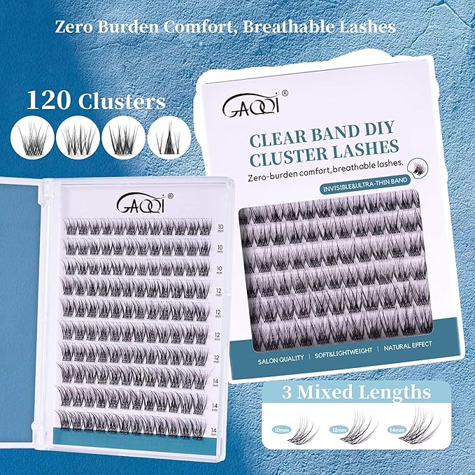 GAQQI Lash Clusters Wispy & Natural Eyelash Clusters Clear Band, 10-14mm Cluster Lashes 120PCS, Cluster Eyelash Extensions C Curl, Cluster Lashes Ultra-thin & Soft Invisivle Band (FEATHER)
