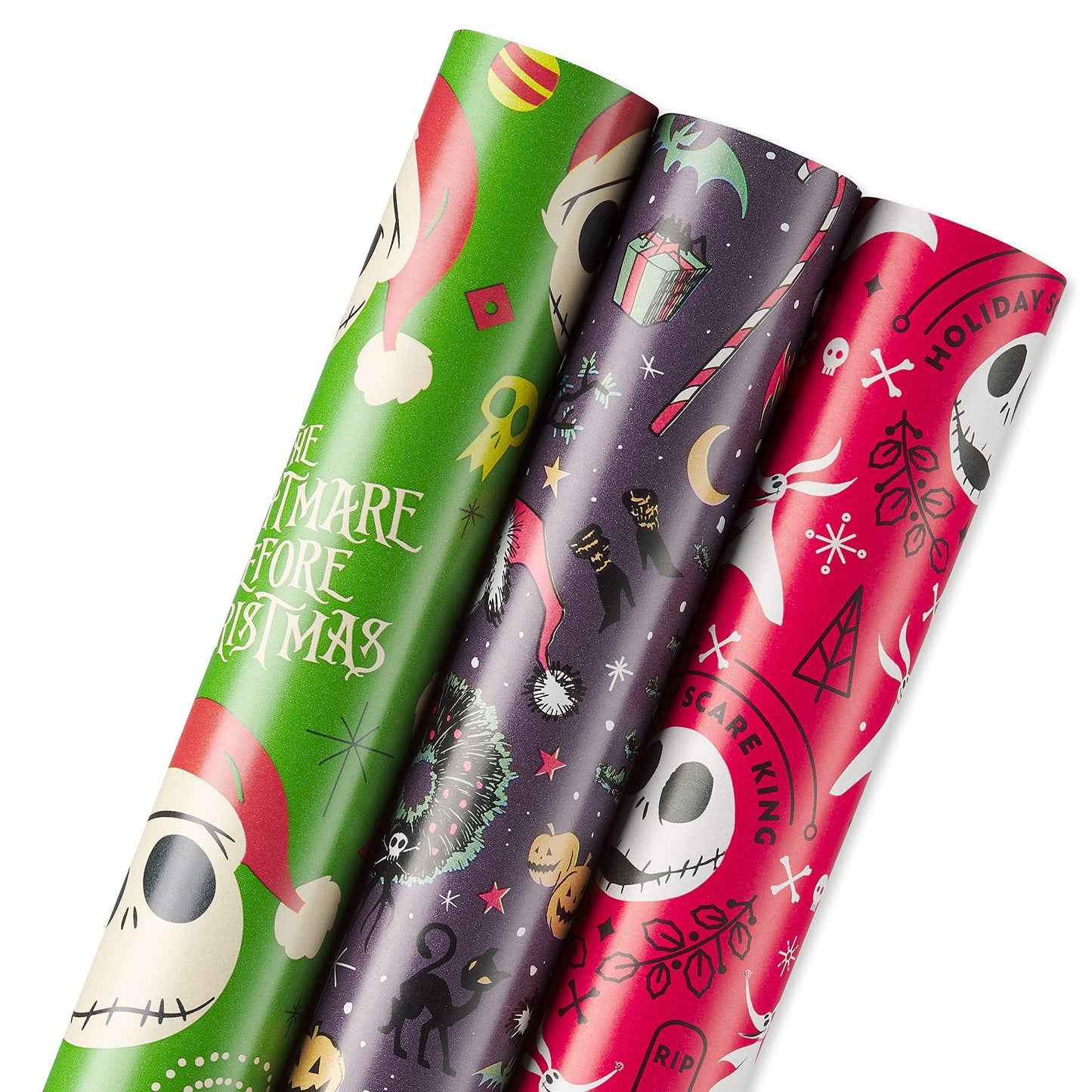American Greetings 105 sq. ft. The Nightmare Before Christmas Christmas Wrapping Paper Bundle with Cut Lines, Jack Skellington and Zero (3 Rolls 30in. x 14 ft.)
