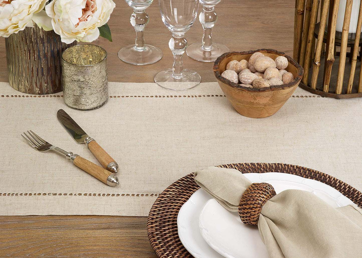 Saro Lifestyle Poly and Linen Blend Hemstitched Table Runner with Hemstitch Border, 16"x72", Natural
