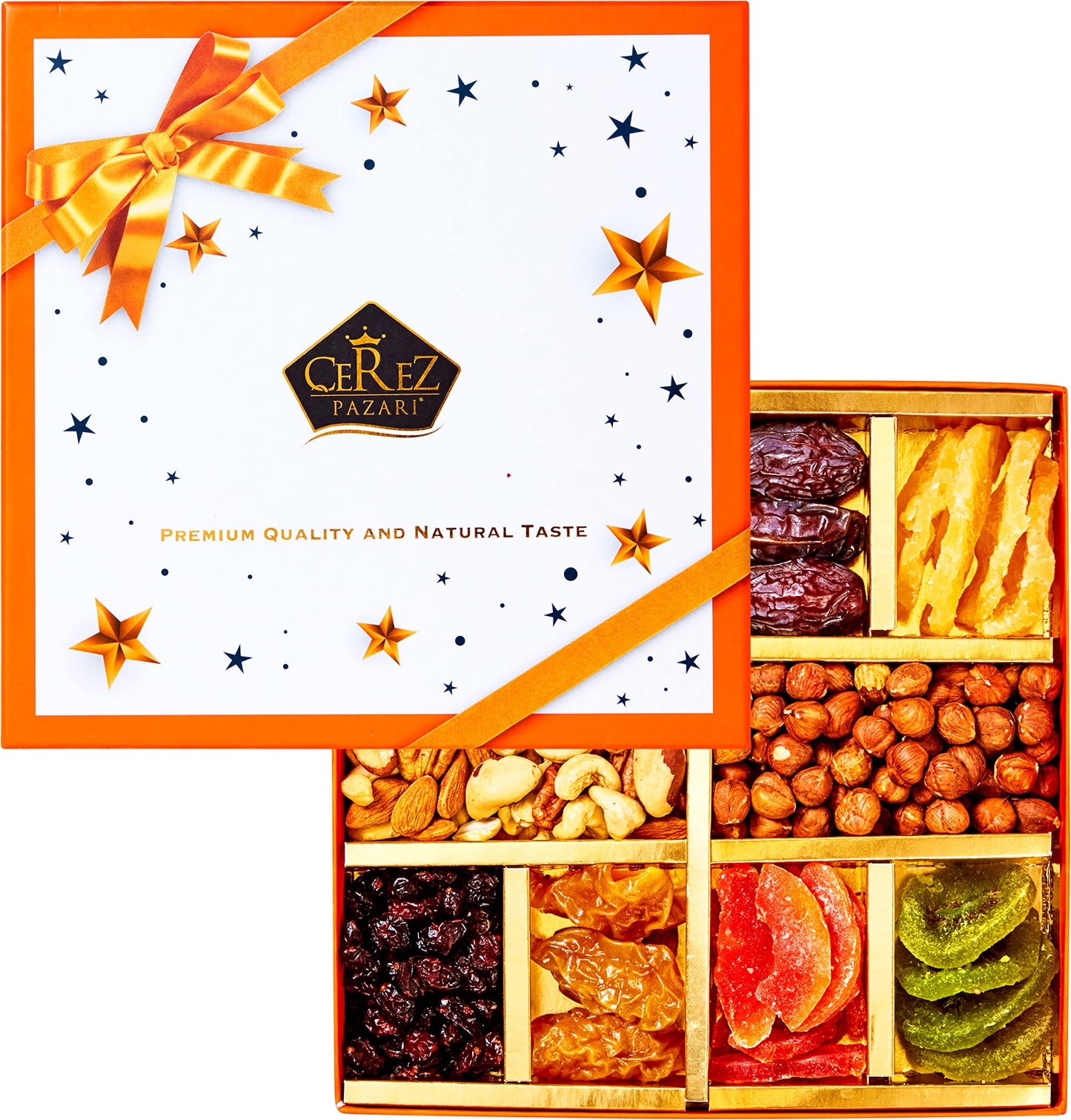Cerez Pazari Dried Fruit and Nuts Gift Basket, Gourmet Holiday Gift Box Variety Of 10, Healthy Party Snack, Elegant Orange Box, 1.43 lbs