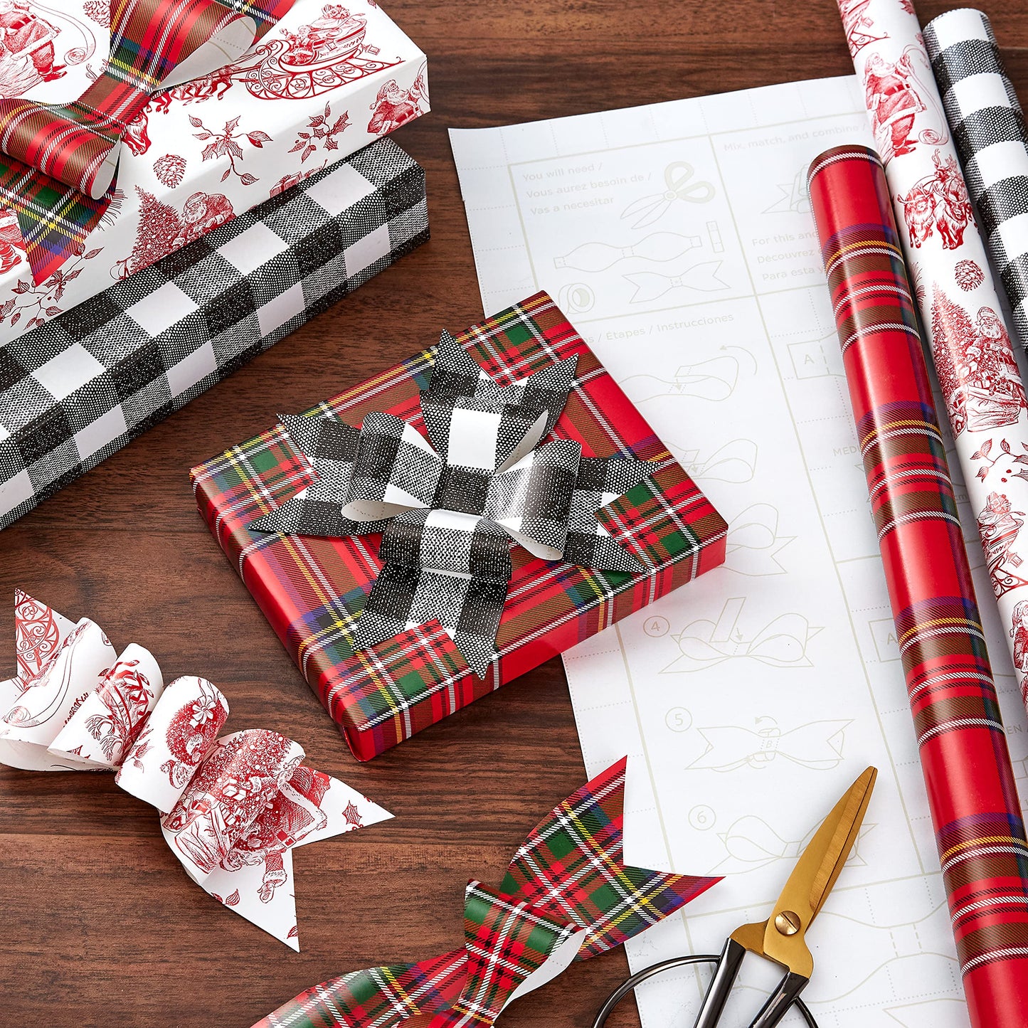 Hallmark Holiday Plaid Wrapping Paper with Cutlines and Optional DIY Bow Templates on Reverse (3-Pack: 120 Sq. Ft. Ttl) Red Toile, Black Buffalo Check, Plaid for Christmas, Birthdays, Weddings, Crafts